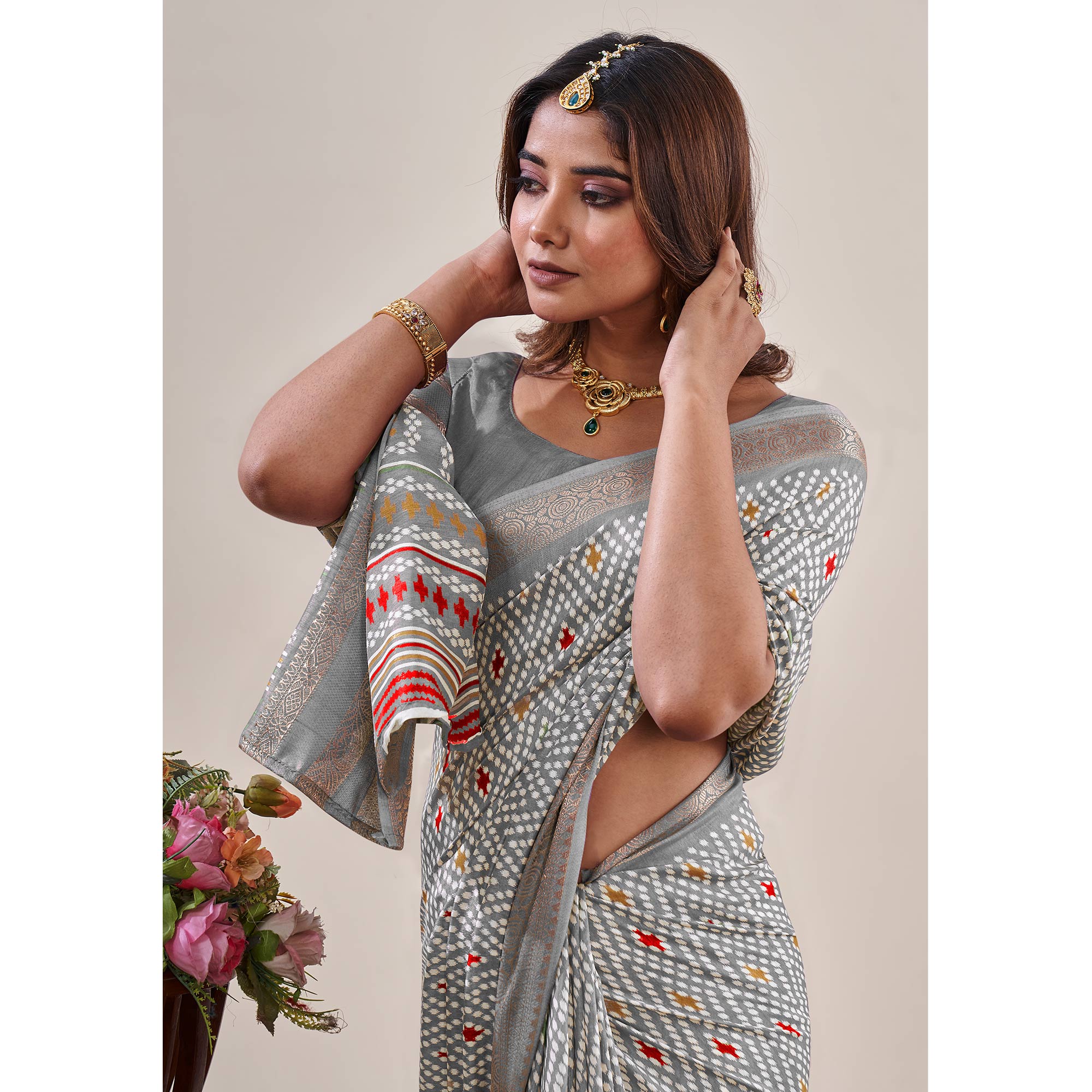 Grey Ikkat Printed With Jacquard Border Cotton Silk Saree