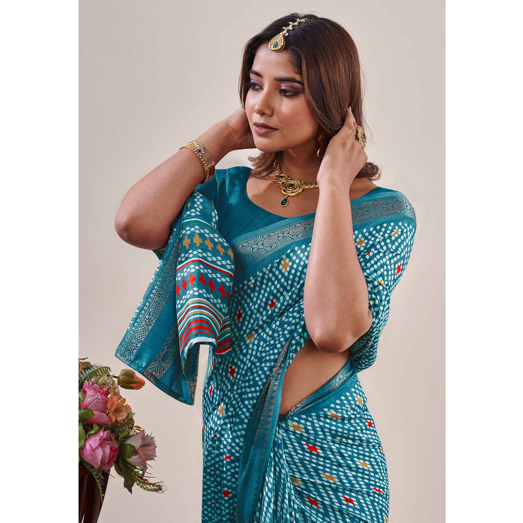 Rama Blue Ikkat Printed With Jacquard Border Cotton Silk Saree