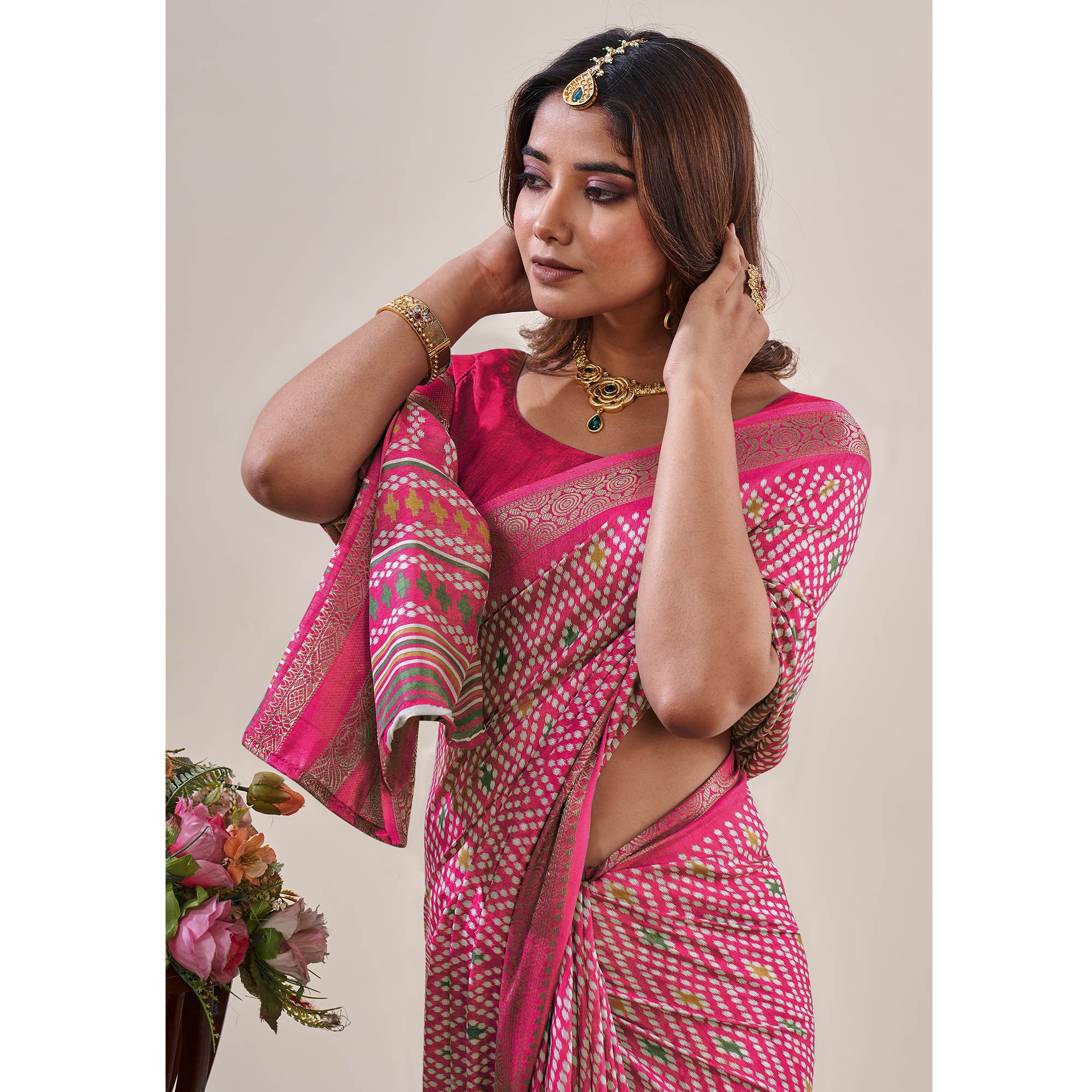 Pink Ikkat Printed With Jacquard Border Cotton Silk Saree