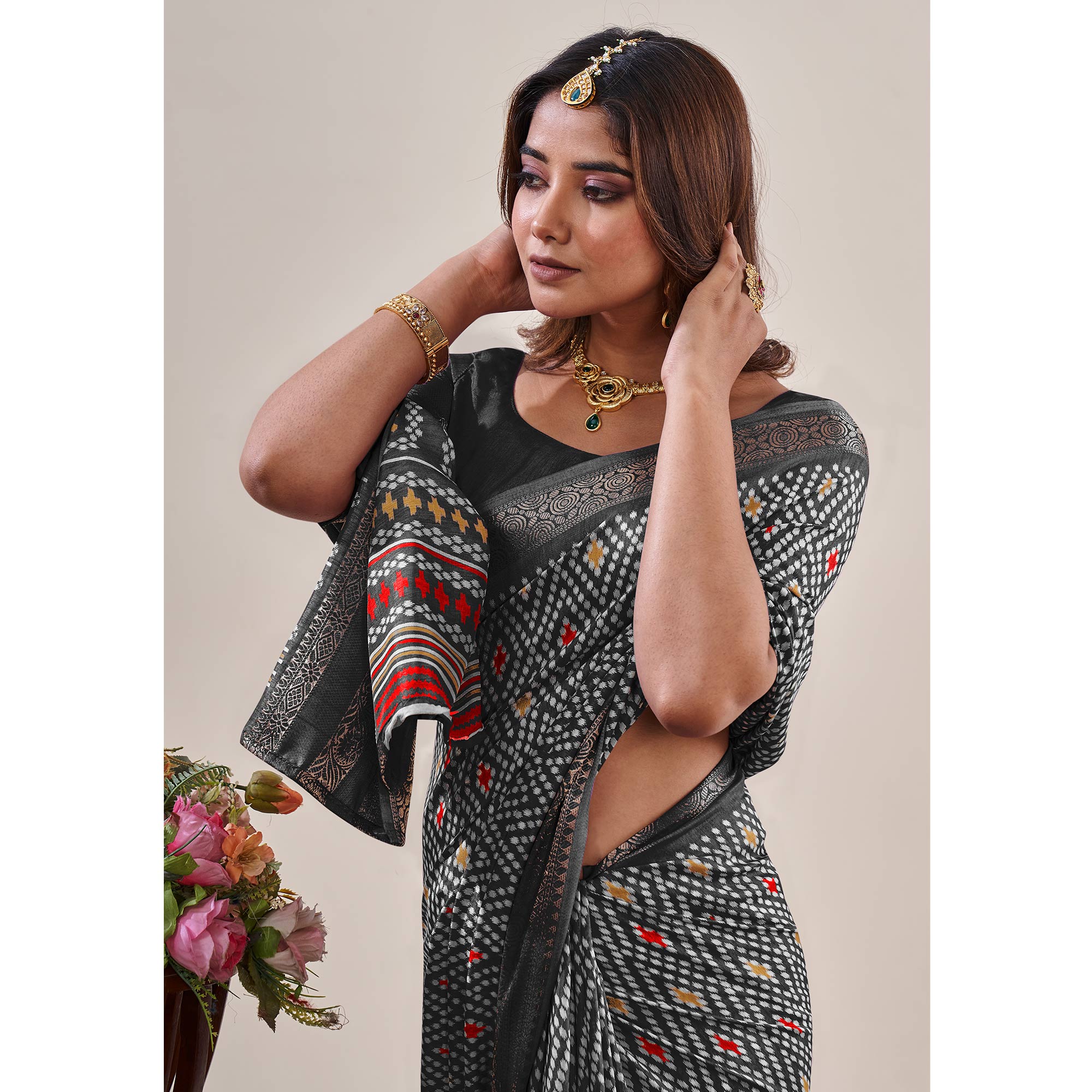 Black Ikkat Printed With Jacquard Border Cotton Silk Saree