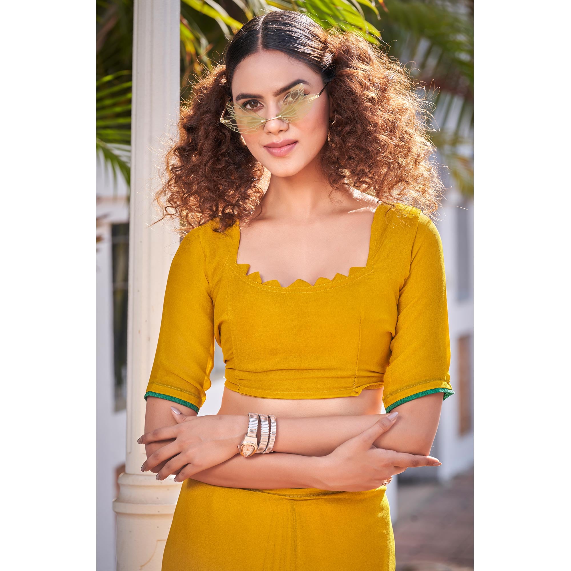 Mustard Foil Printed Georgette Saree With Tassels