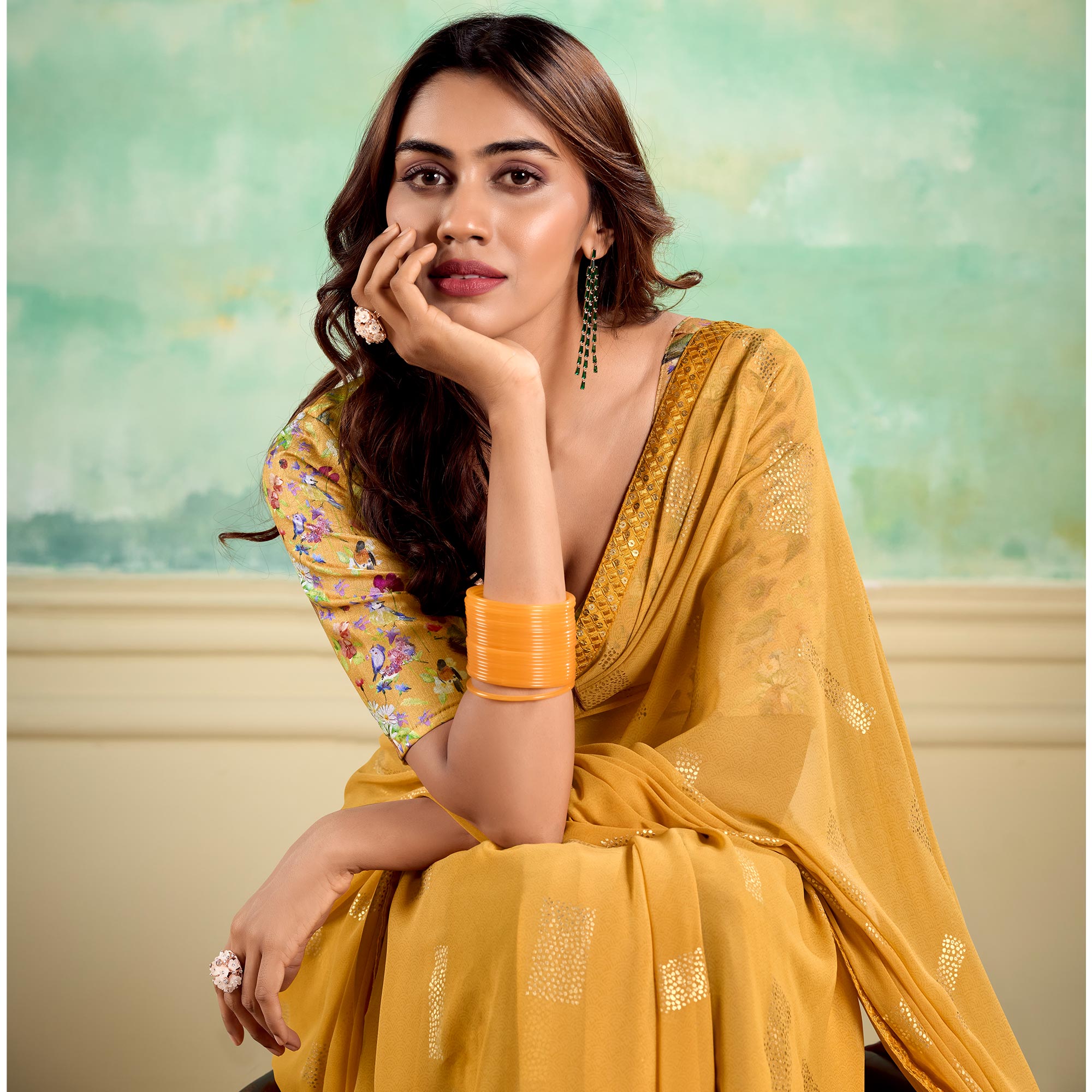 Mustard Foil Printed With Sequins Georgette Saree