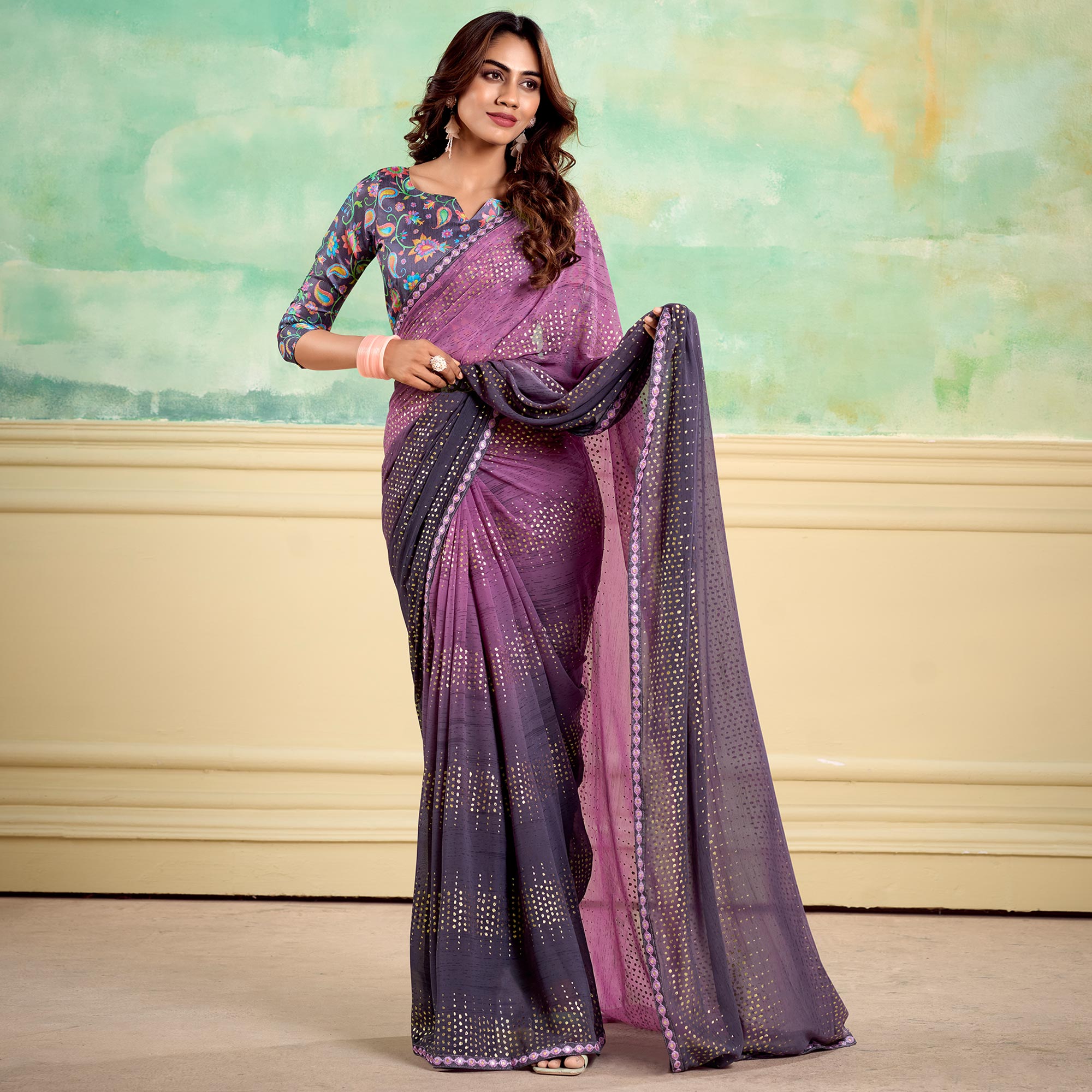 Purple Foil Printed With Sequin Georgette Saree