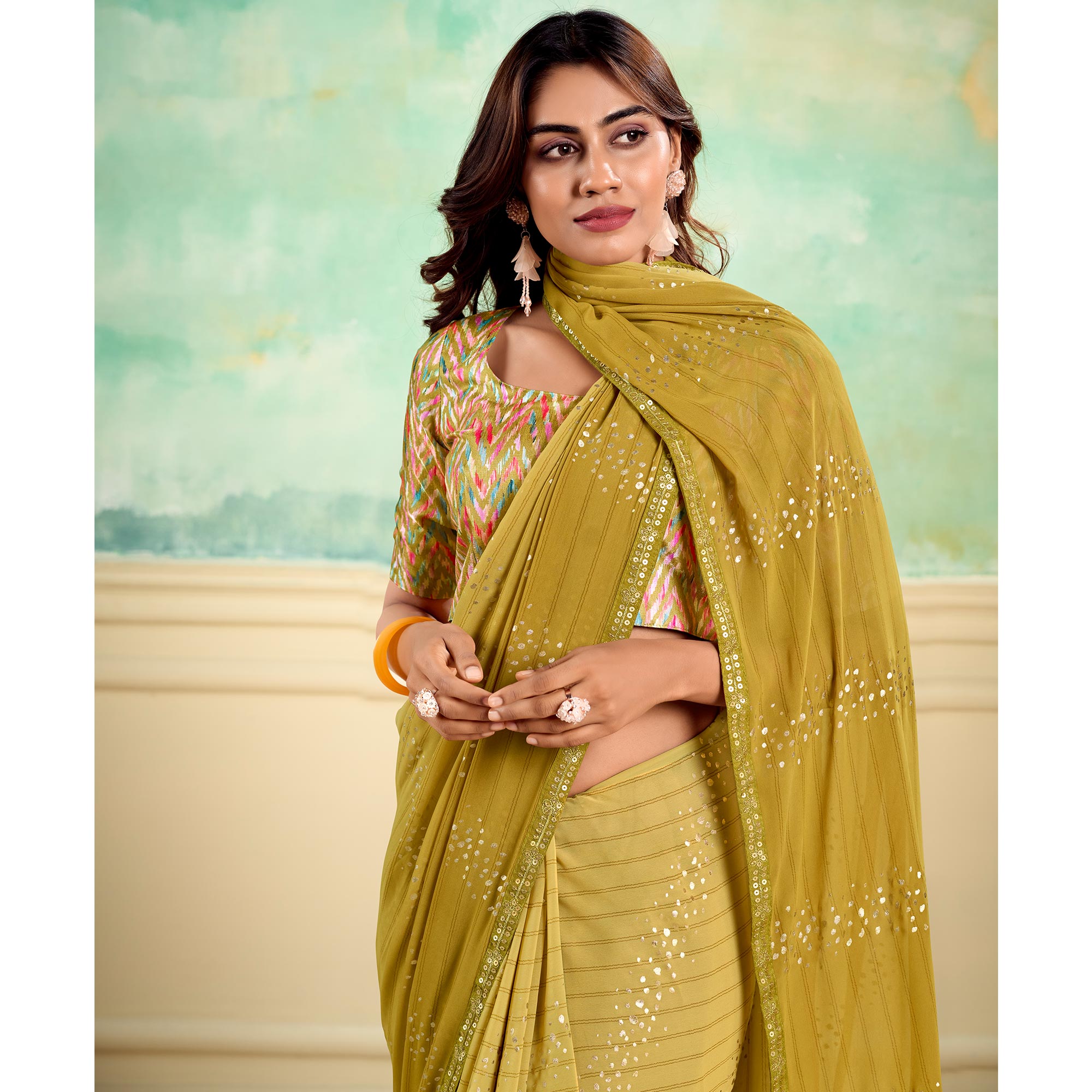 Olive Foil Printed With Sequins Georgette Saree