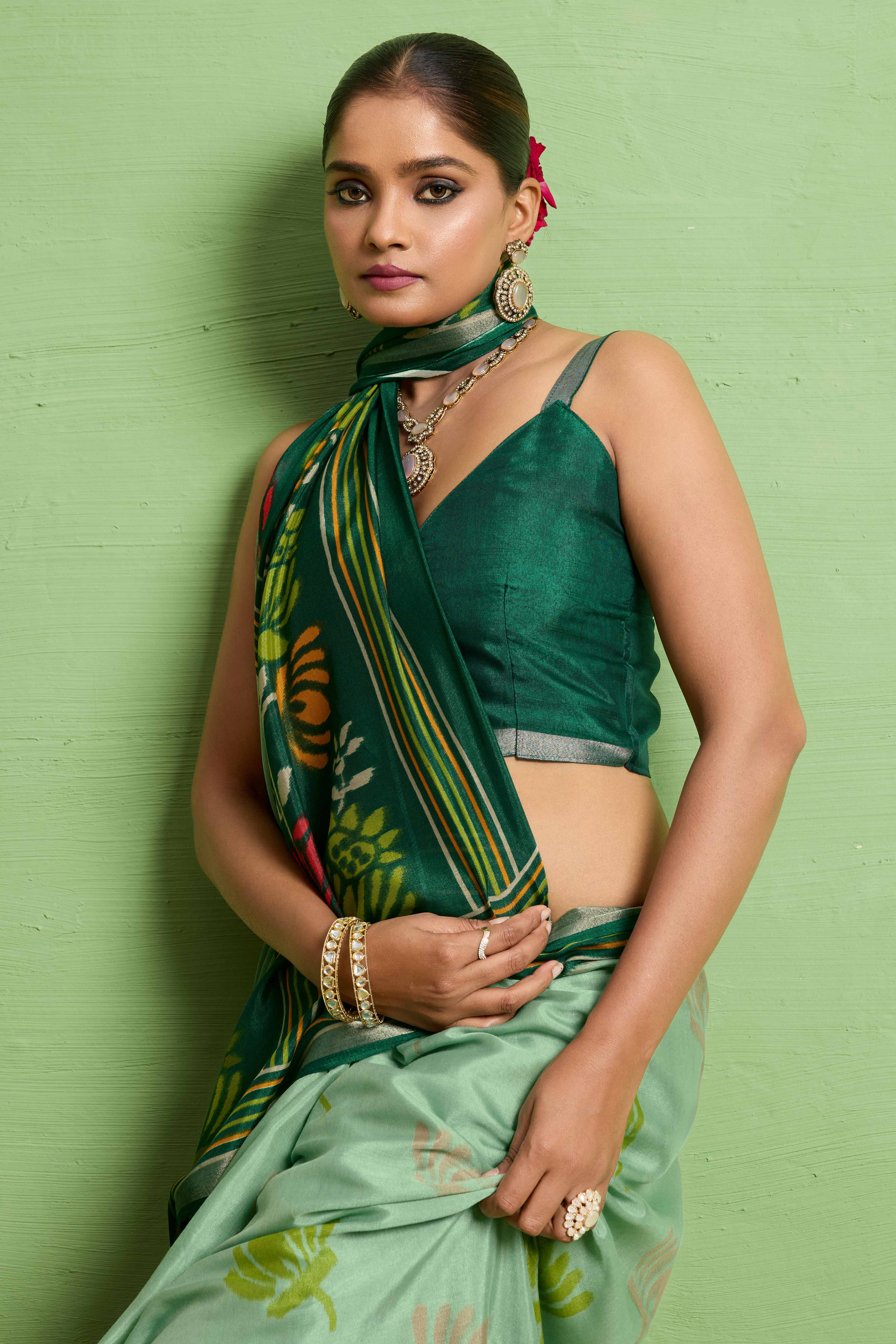 Traditional Aqua Green Silk Blend Saree with Ikkat Print & Zari Edging