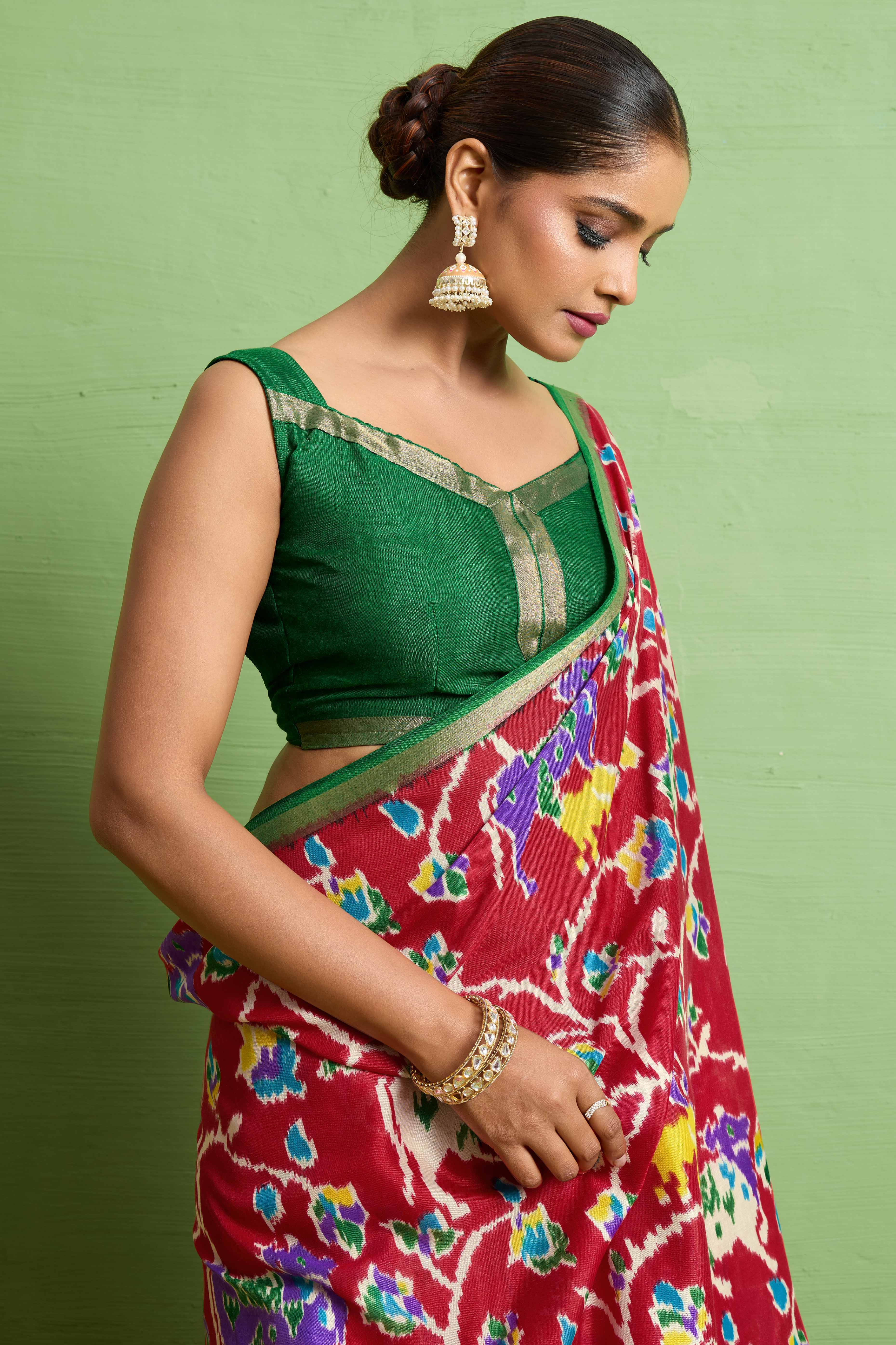 Traditional Red Silk Blend Saree with Ikkat Print & Zari Edging