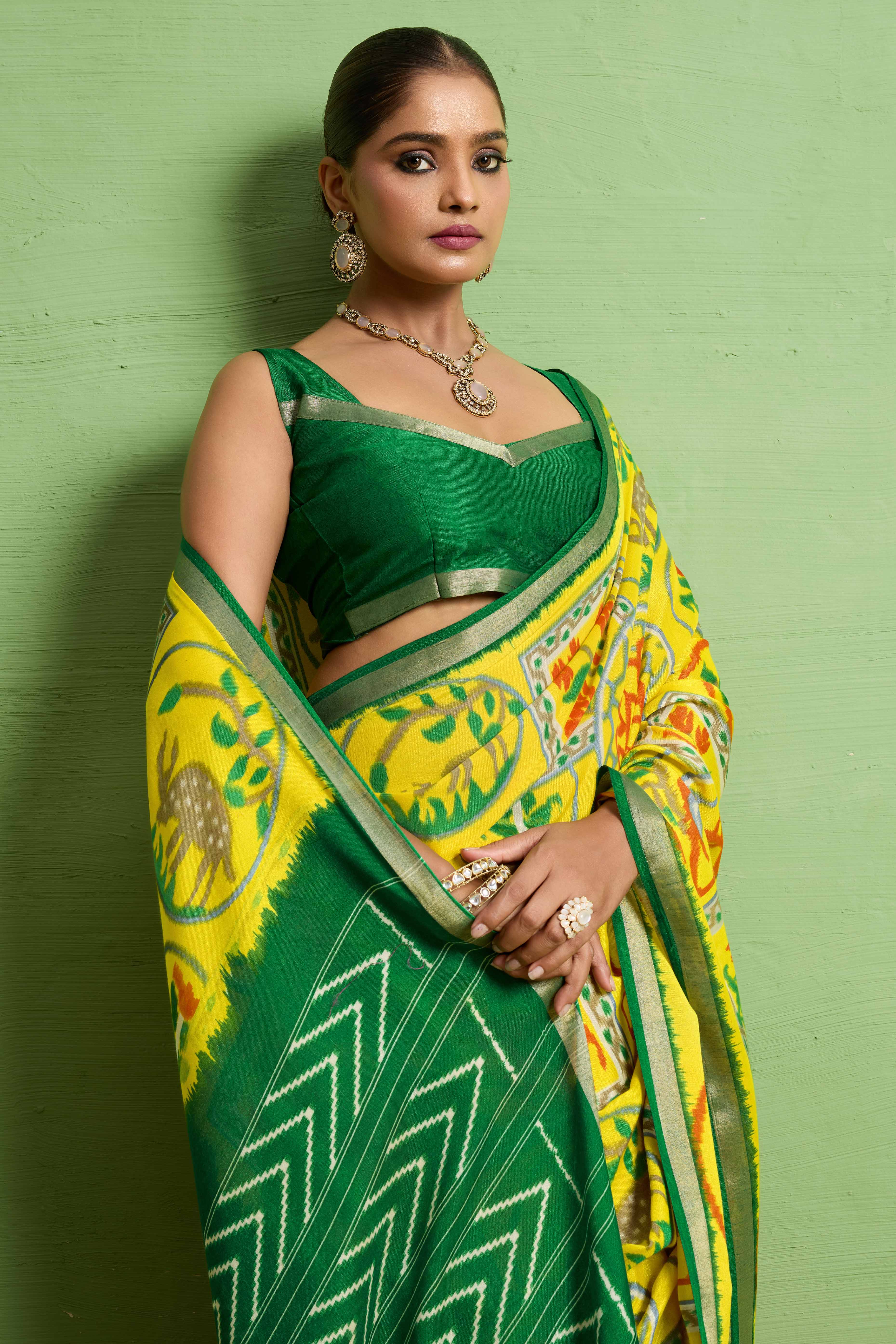 Traditional Yellow Silk Blend Saree with Ikkat Print & Zari Edging