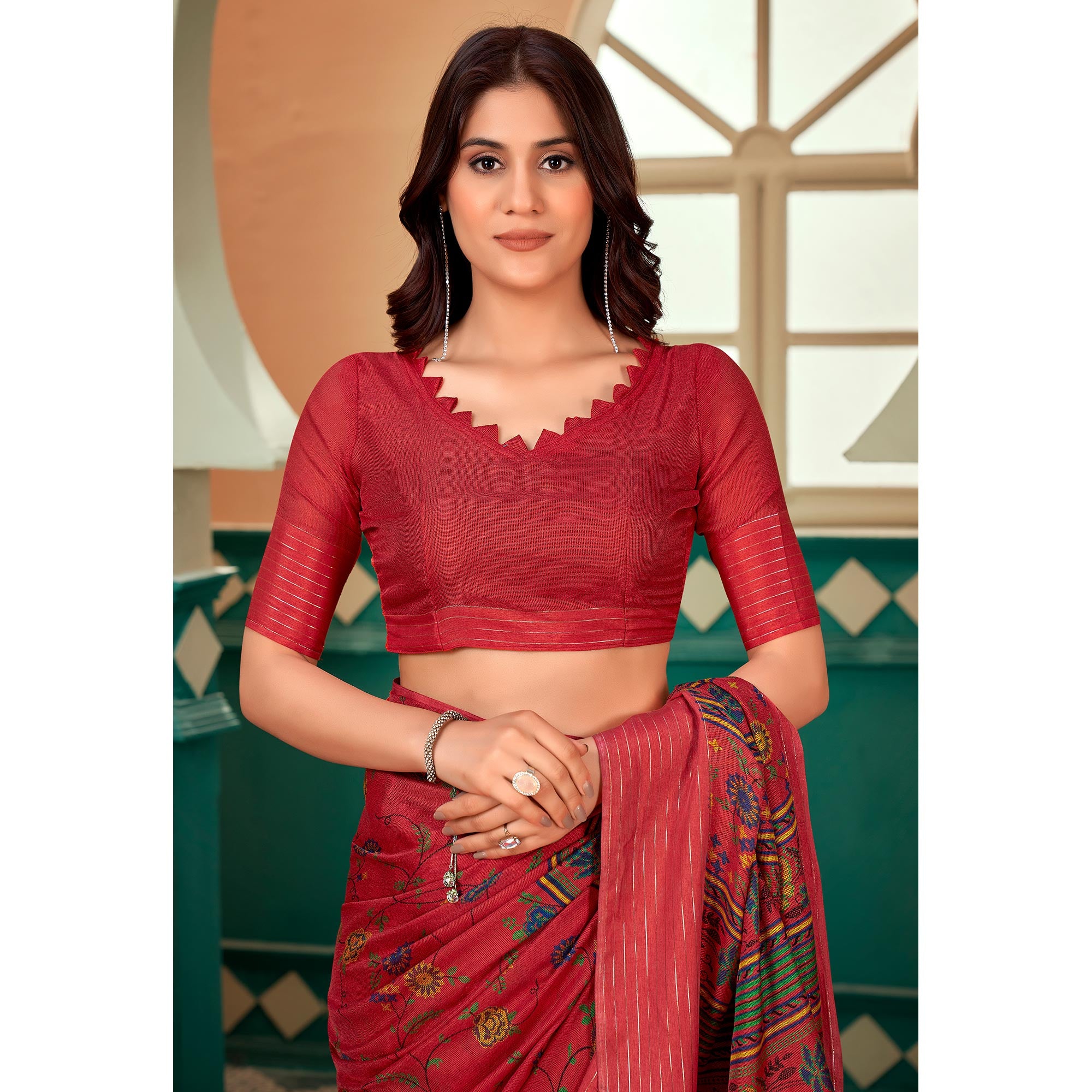 Red Floral Printed Linen Saree
