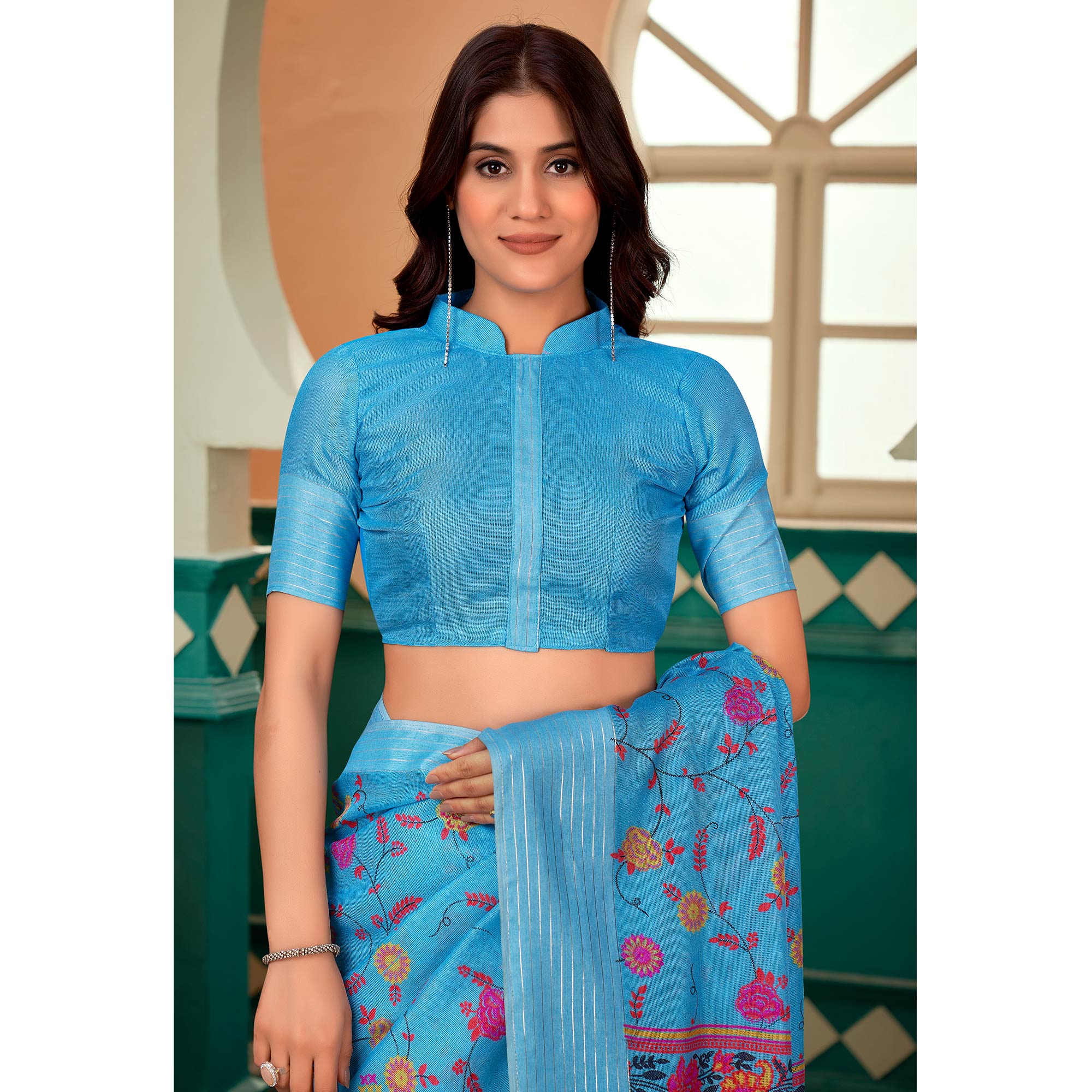 Blue Floral Printed Linen Saree