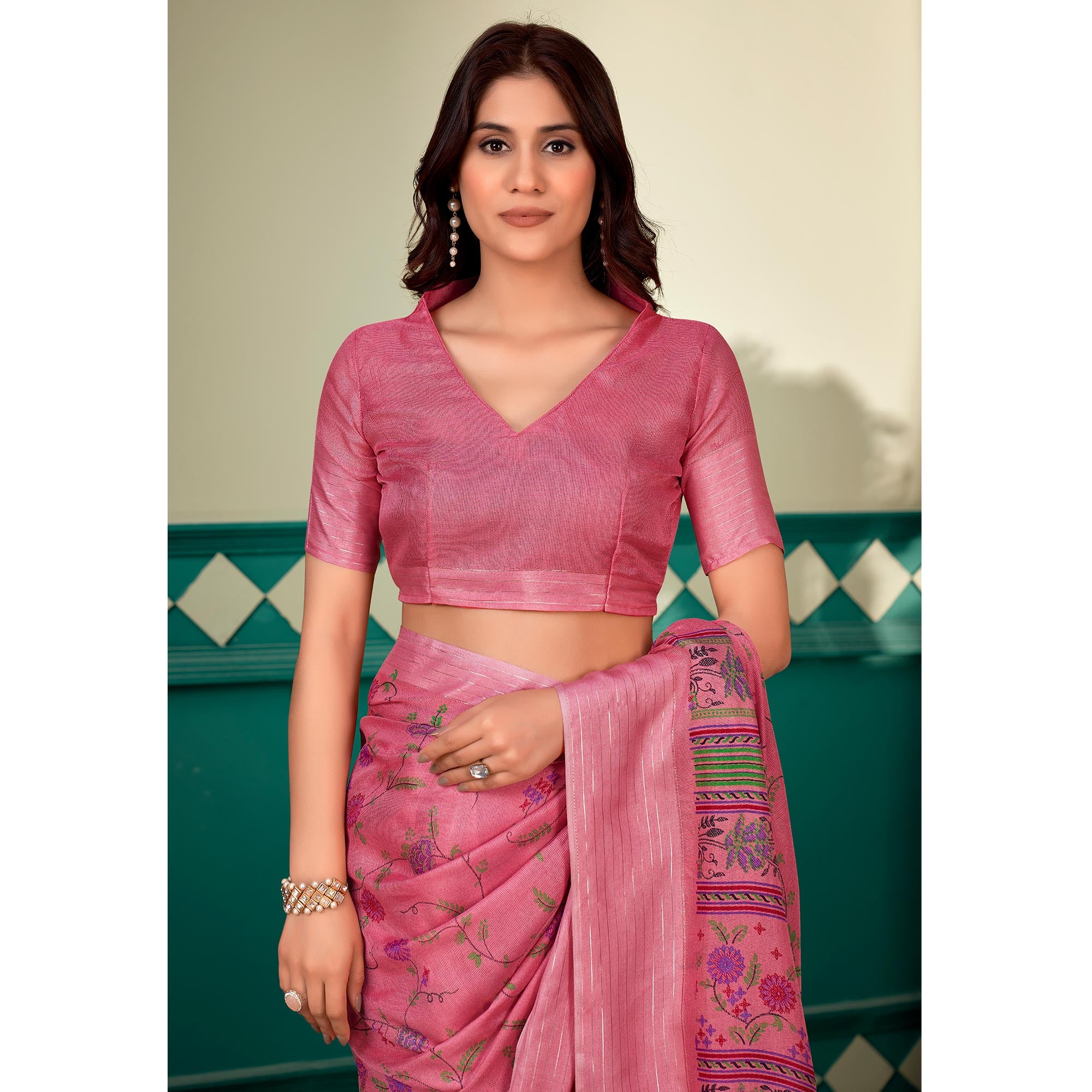 Pink Floral Printed Linen Saree