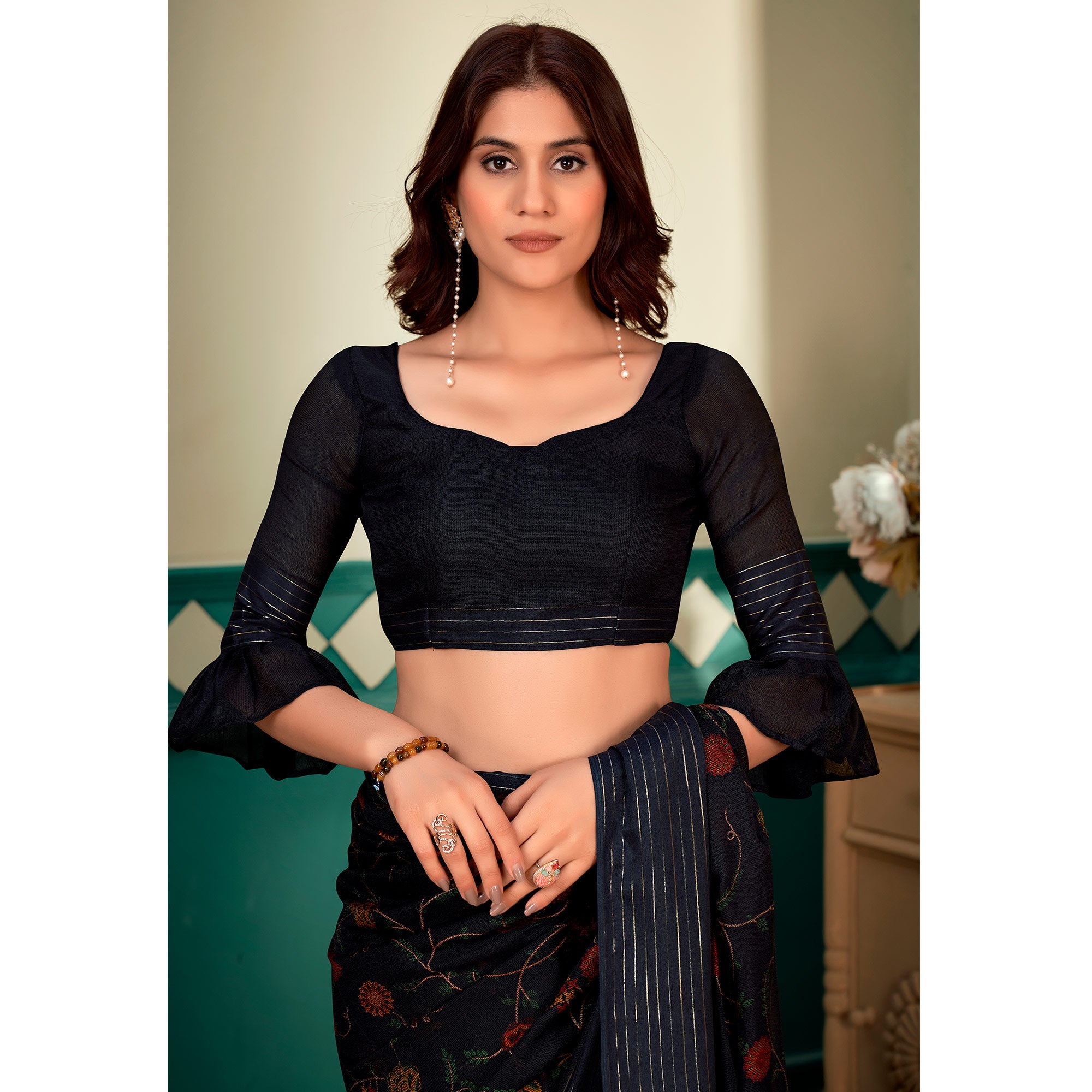 Black Floral Printed Linen Saree