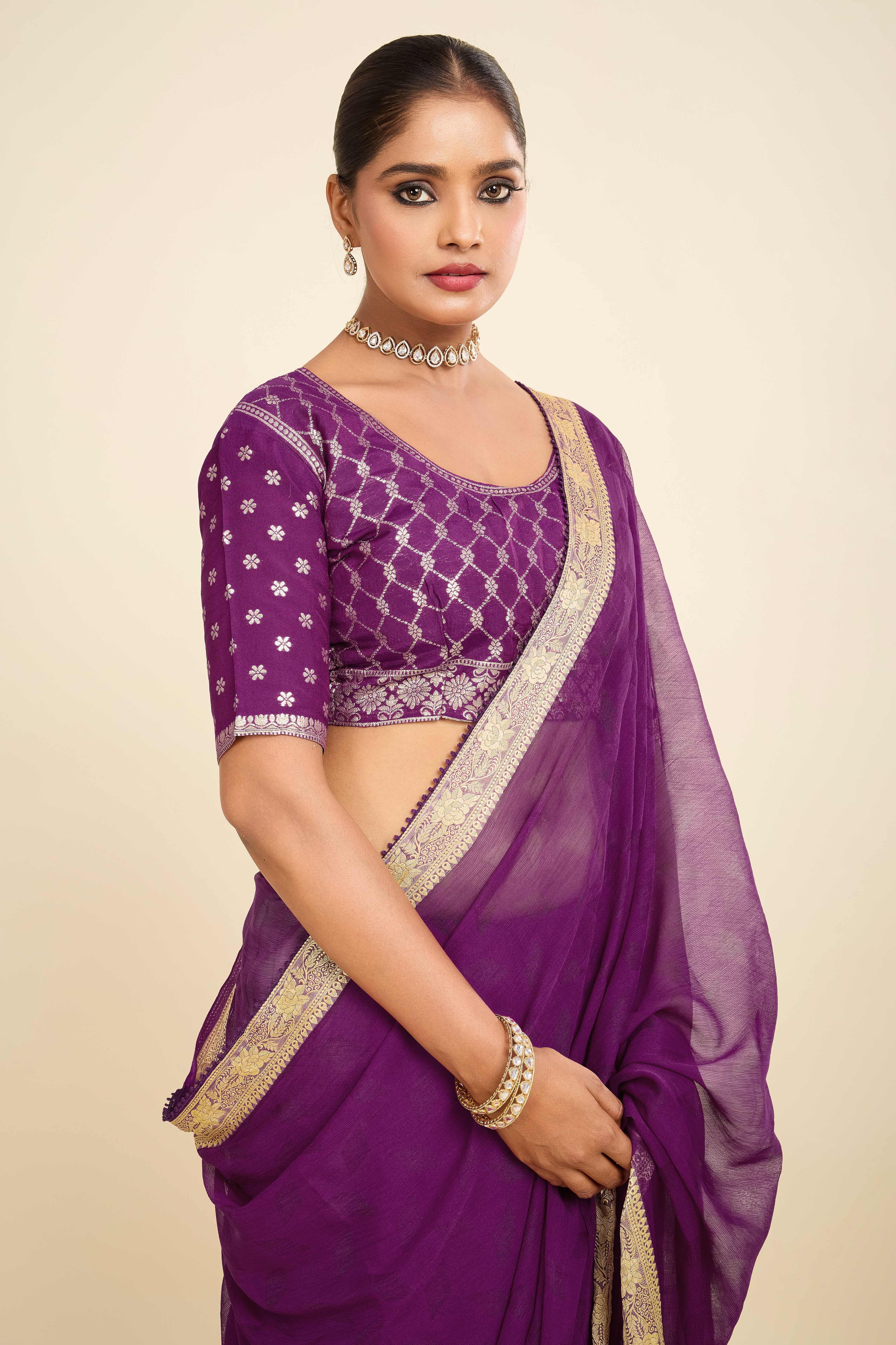 Purple Printed Chiffon Saree with Intricate Woven Edging