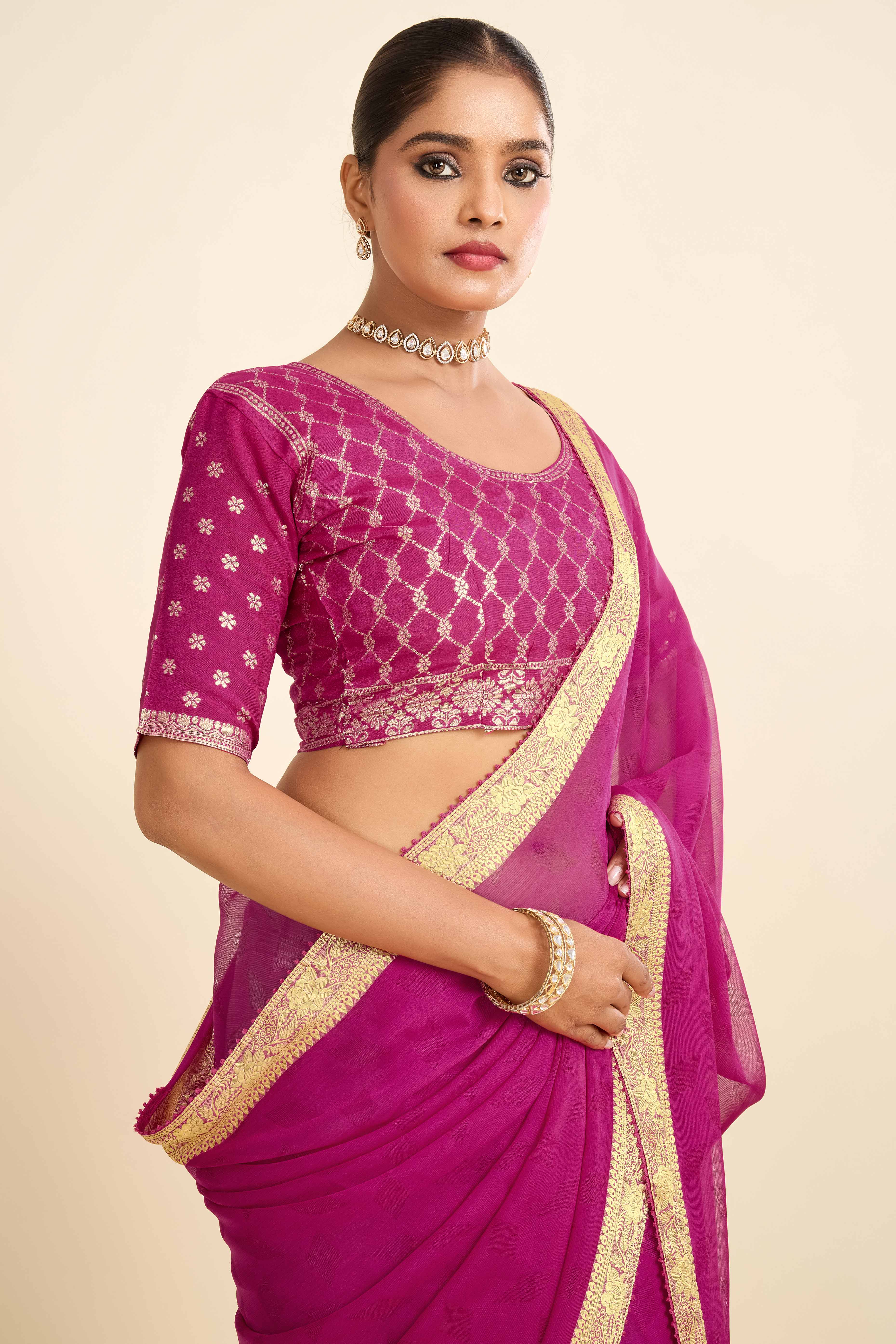 Pink Printed Chiffon Saree with Intricate Woven Edging