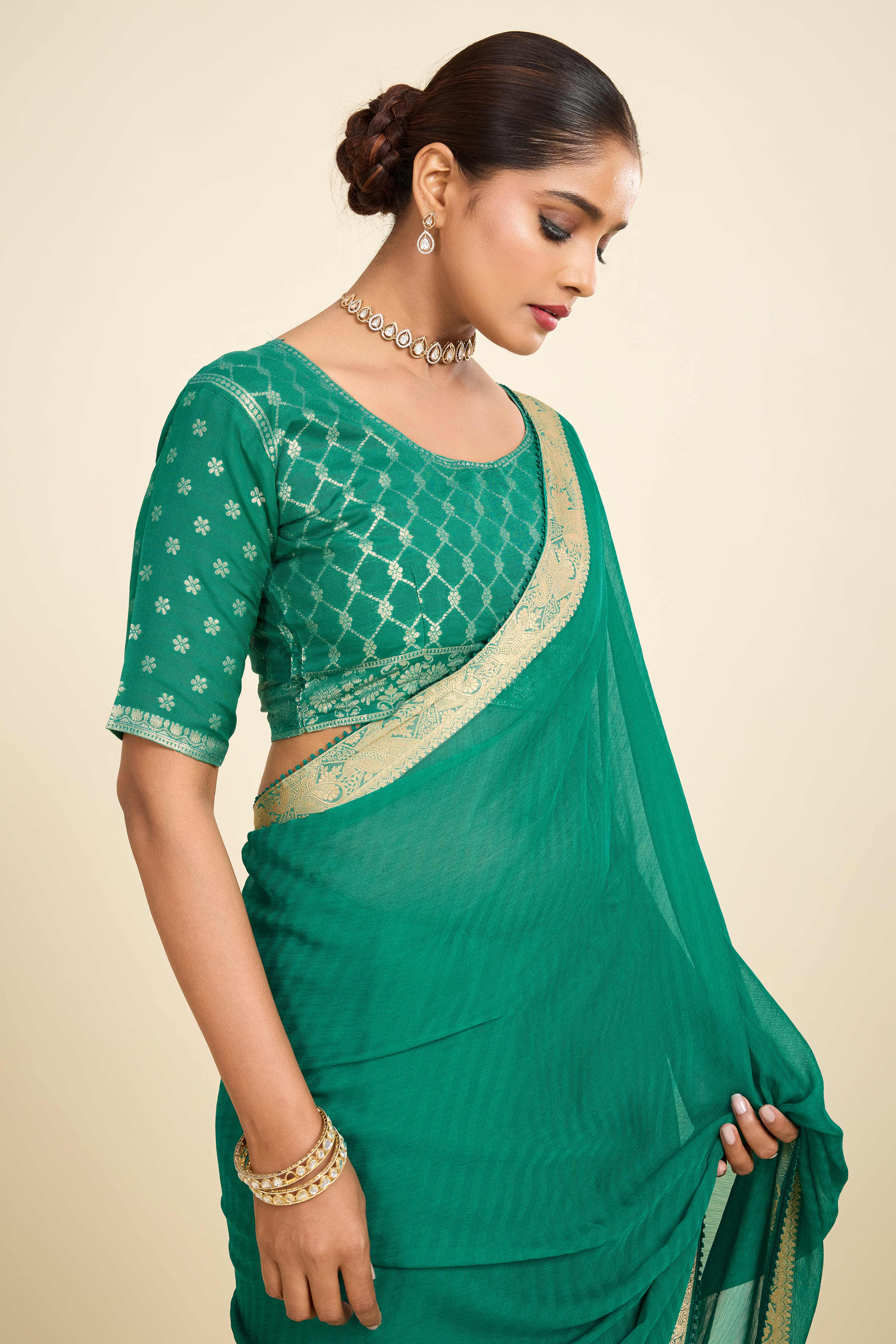 Rama Green Printed Chiffon Saree with Intricate Woven Edging