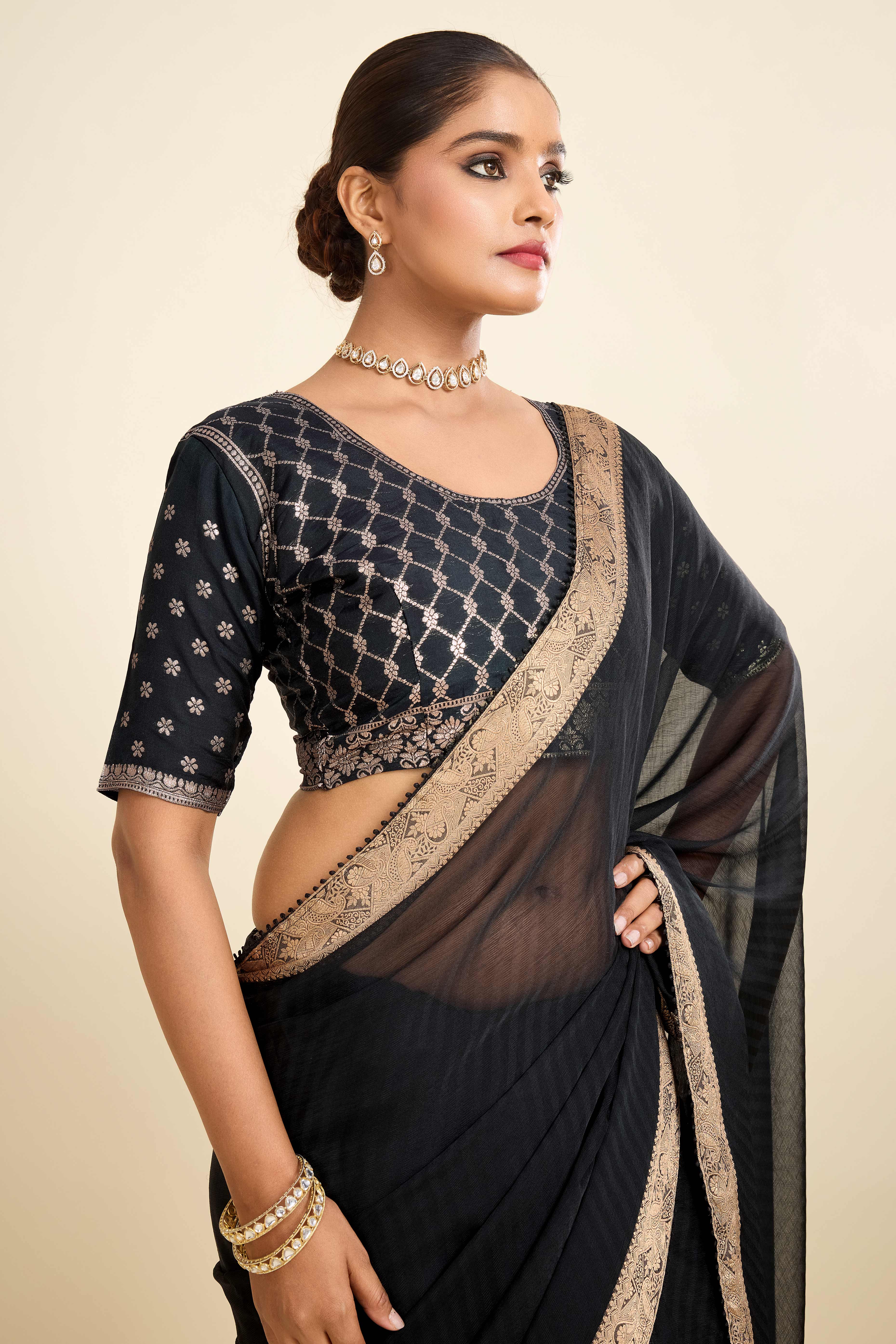 Black Printed Chiffon Saree with Intricate Woven Edging