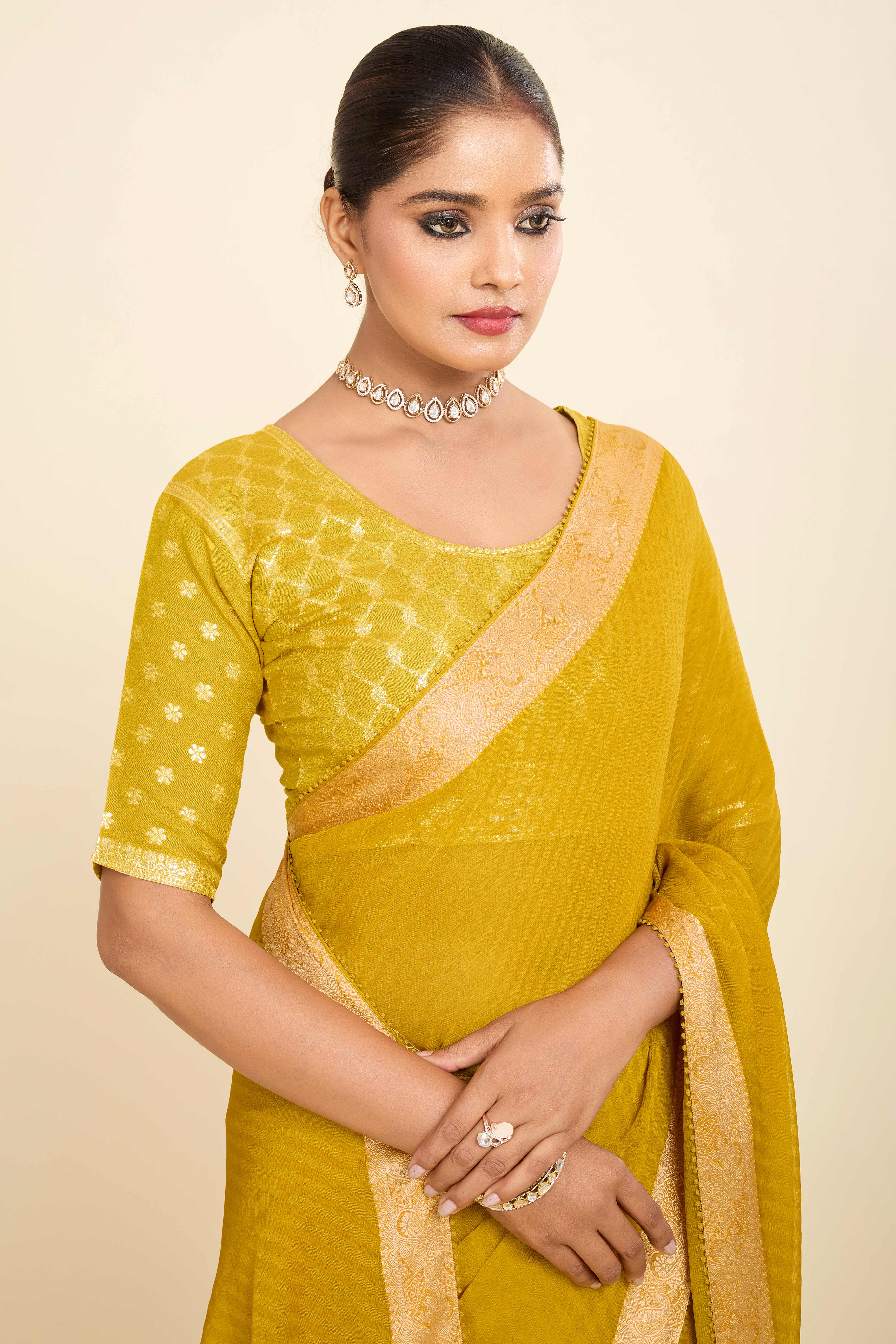 Mustard Printed Chiffon Saree with Intricate Woven Edging