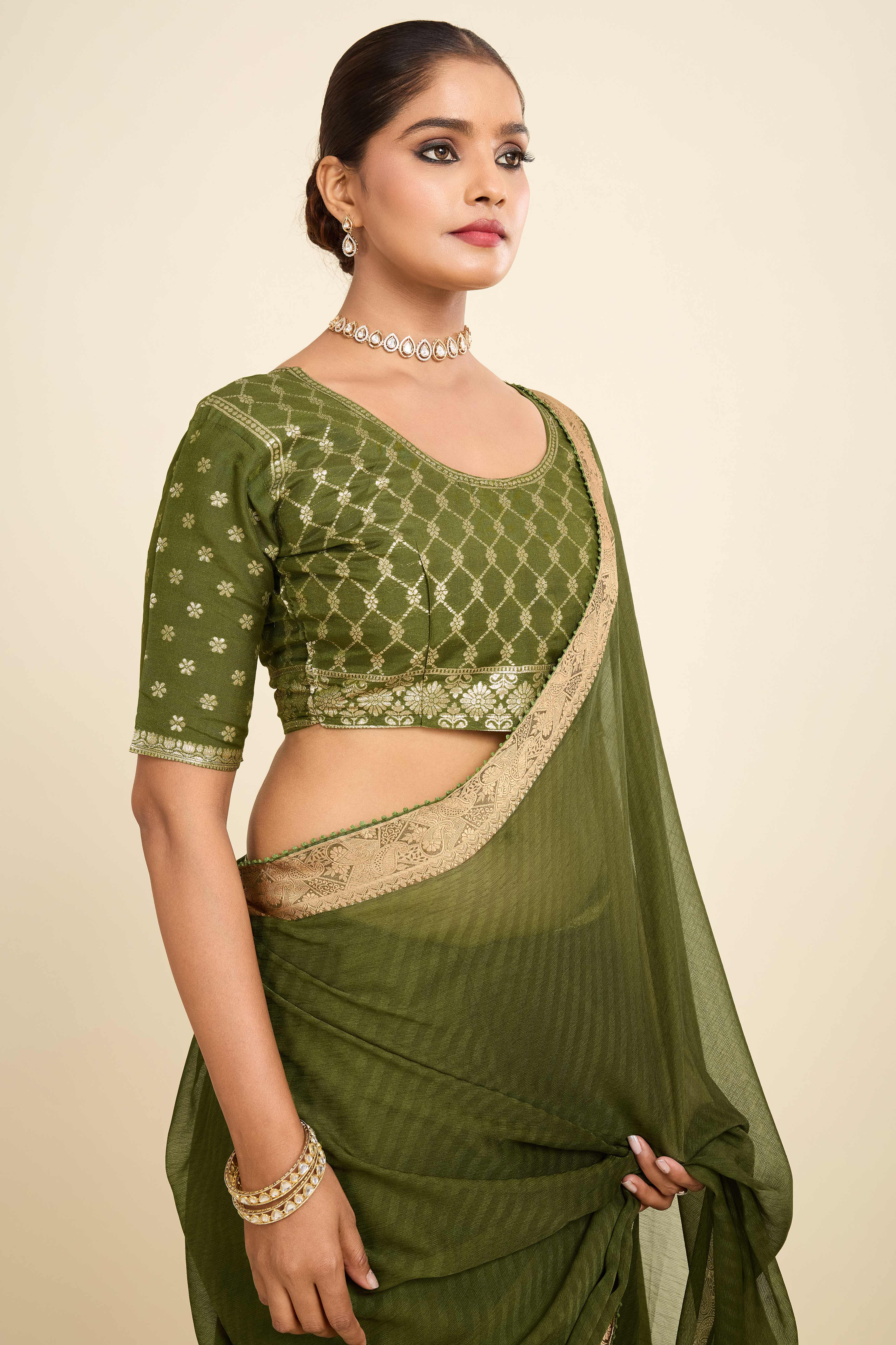 Green Printed Chiffon Saree with Intricate Woven Edging