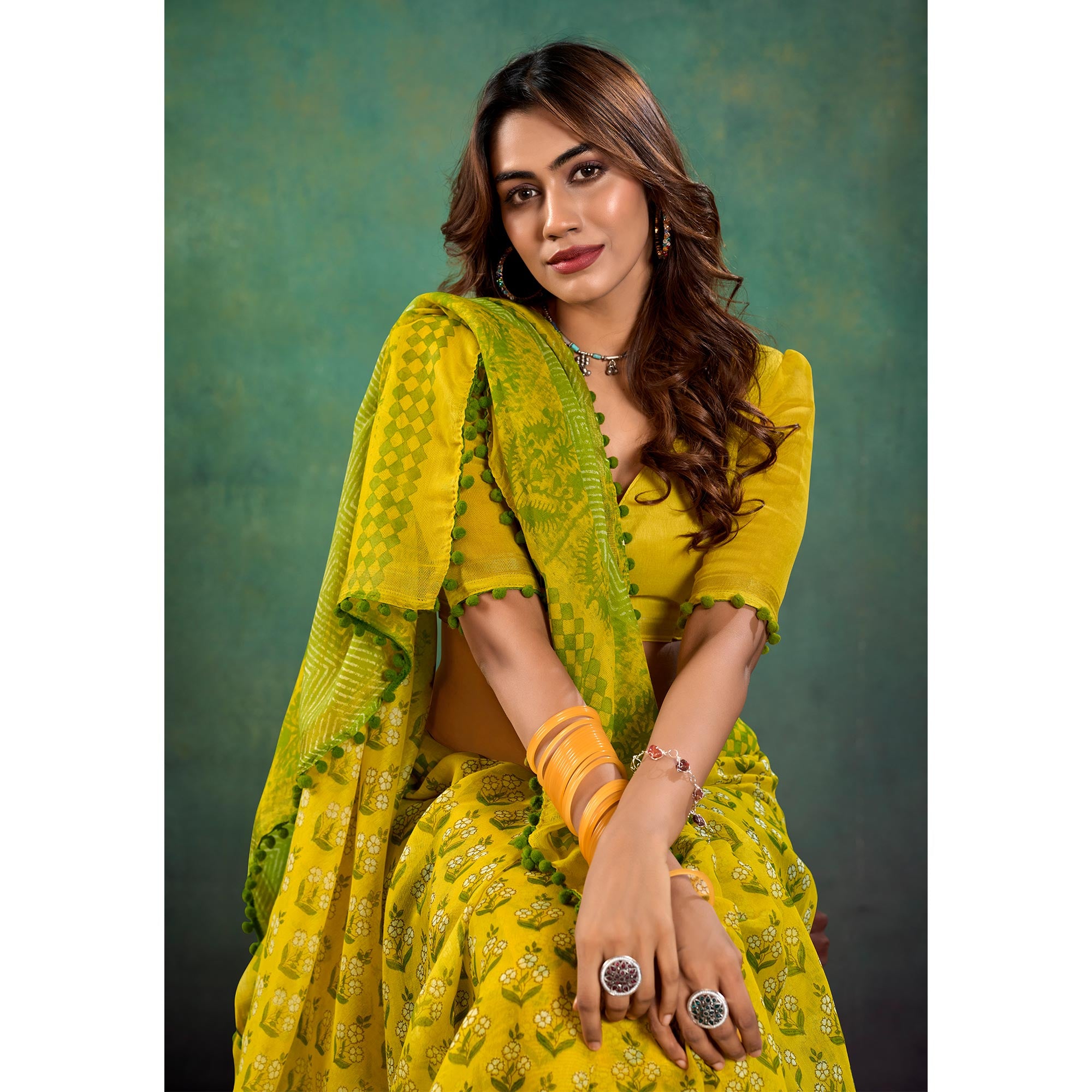 Mustard Floral Printed Mul Mul Cotton Saree