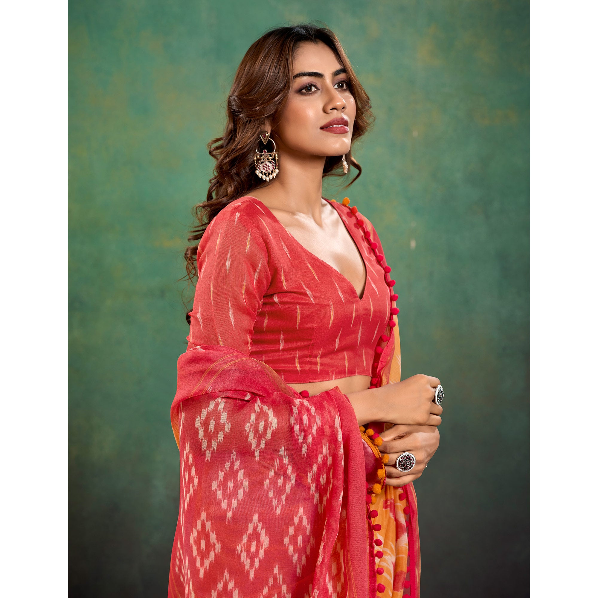 Orange Ikkat Printed Mul Mul Cotton Saree