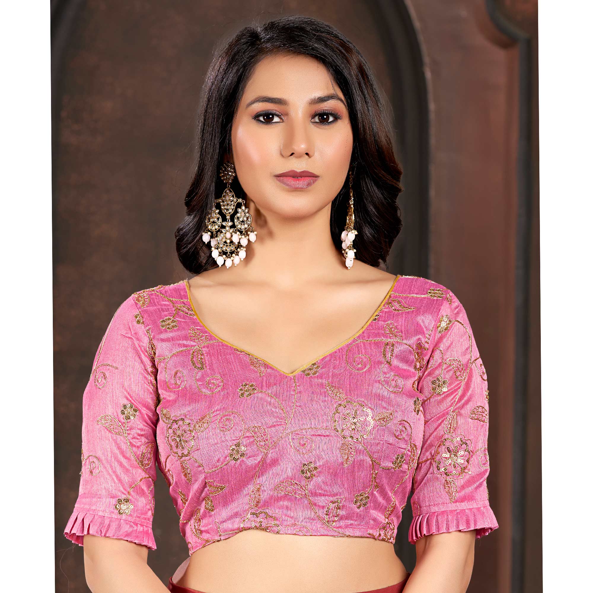 Pink Floral Printed Georgette Saree With Sequins Work Border