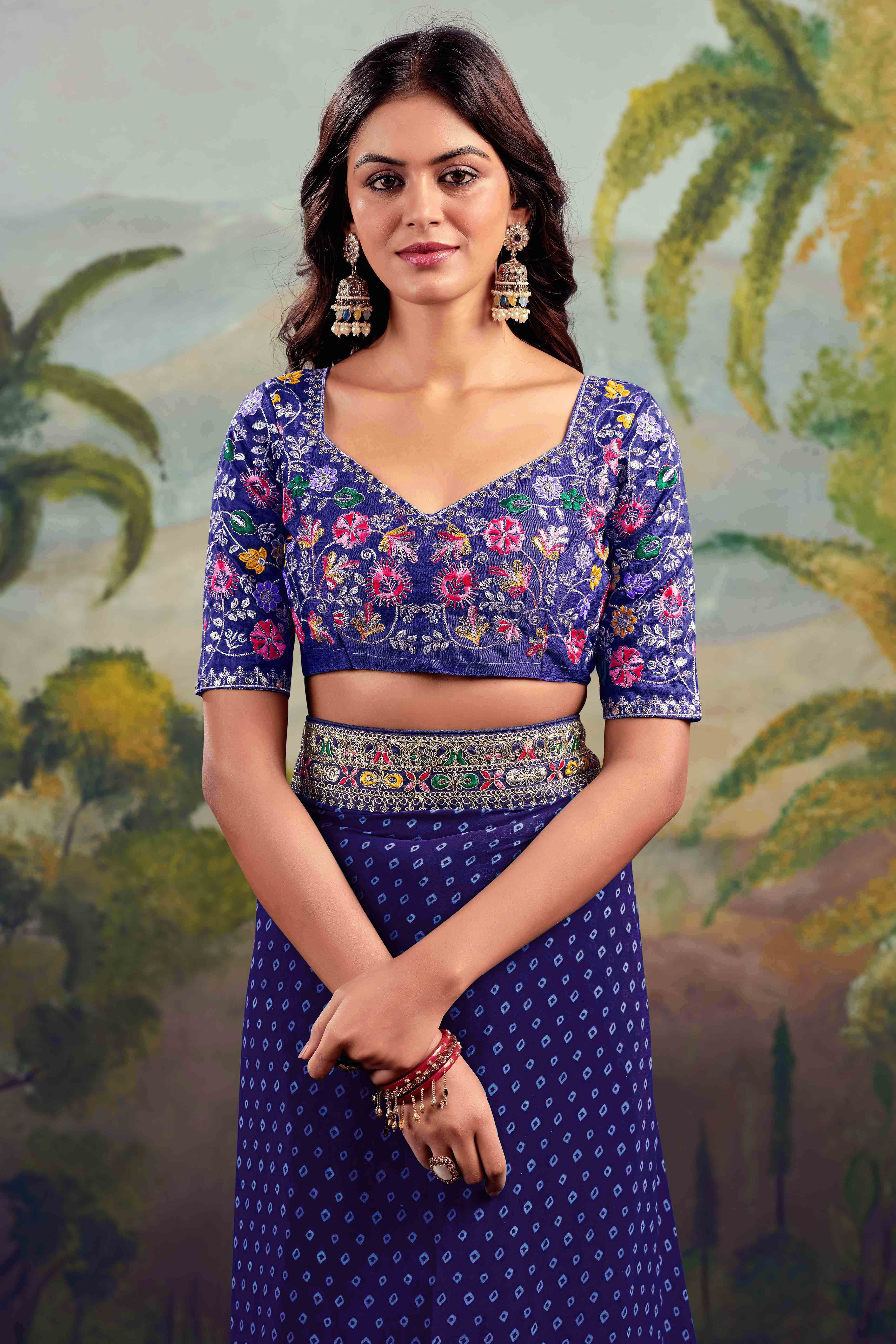 Blue Bandhani Printed Georgette Saree With Embroidered Border