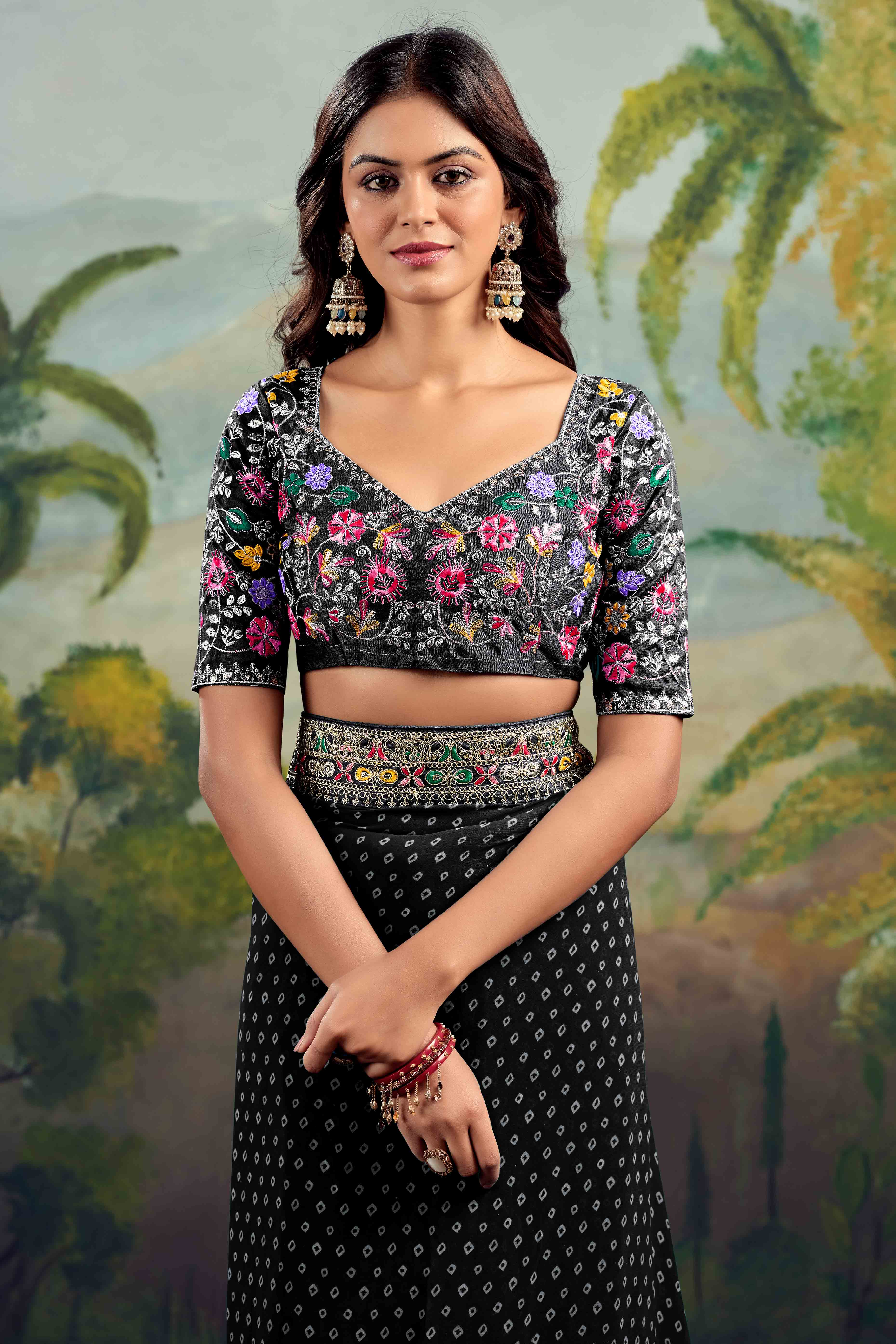 Black Bandhani Printed Georgette Saree With Embroidered Border