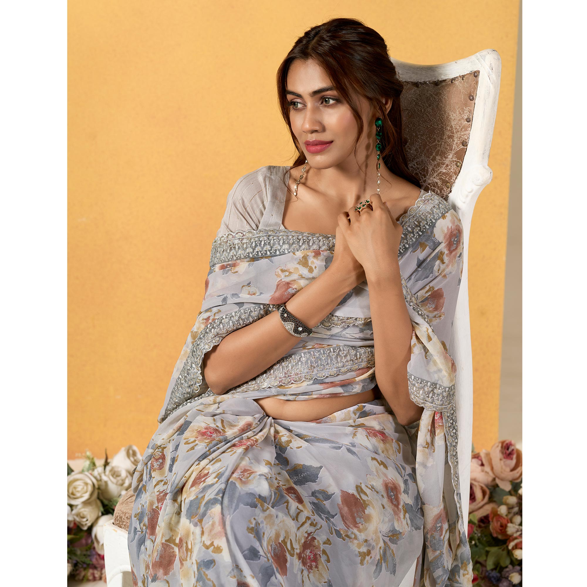 Grey Floral Printed Chiffon Saree With Designer Border