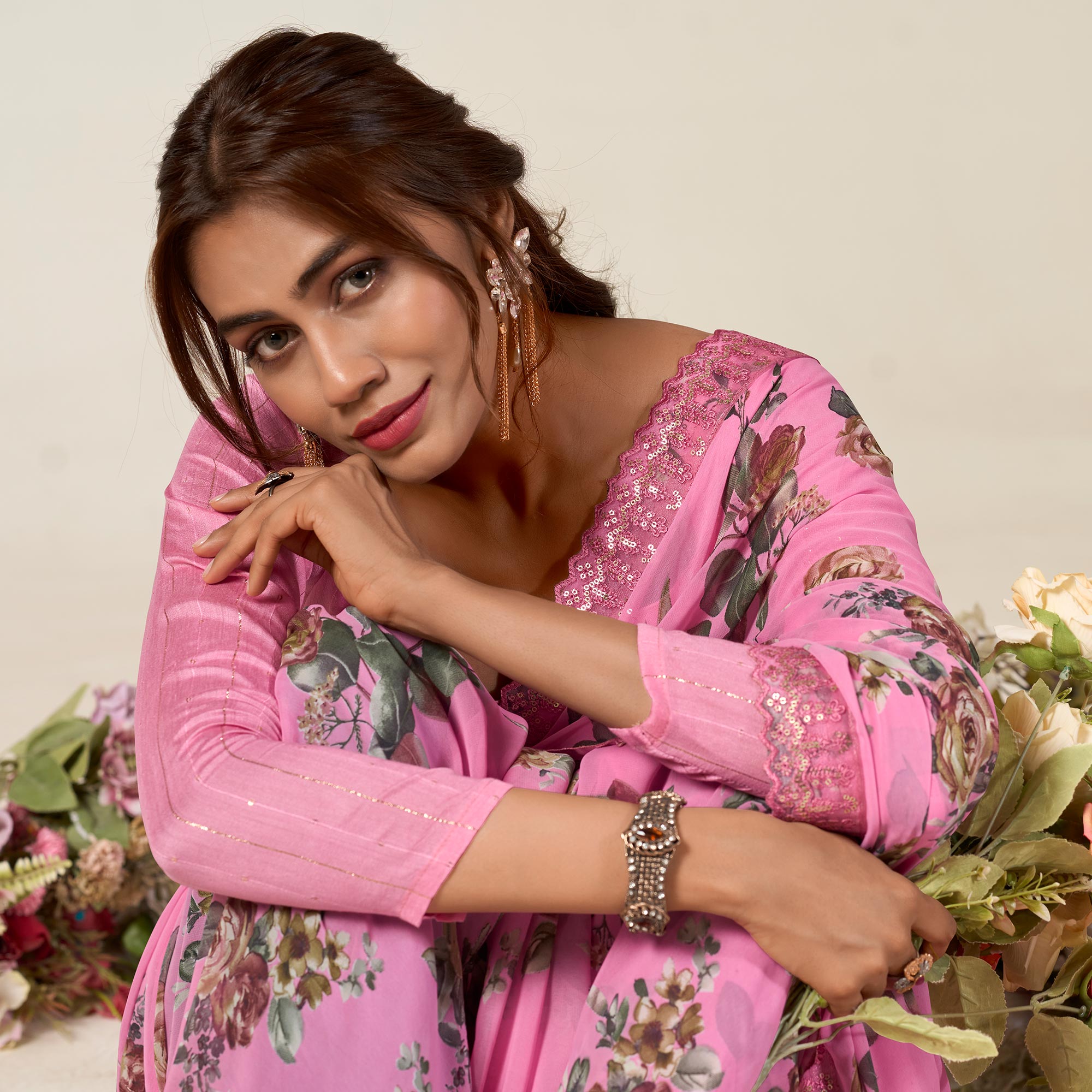 Pink Floral Printed Chiffon Saree With Designer Border