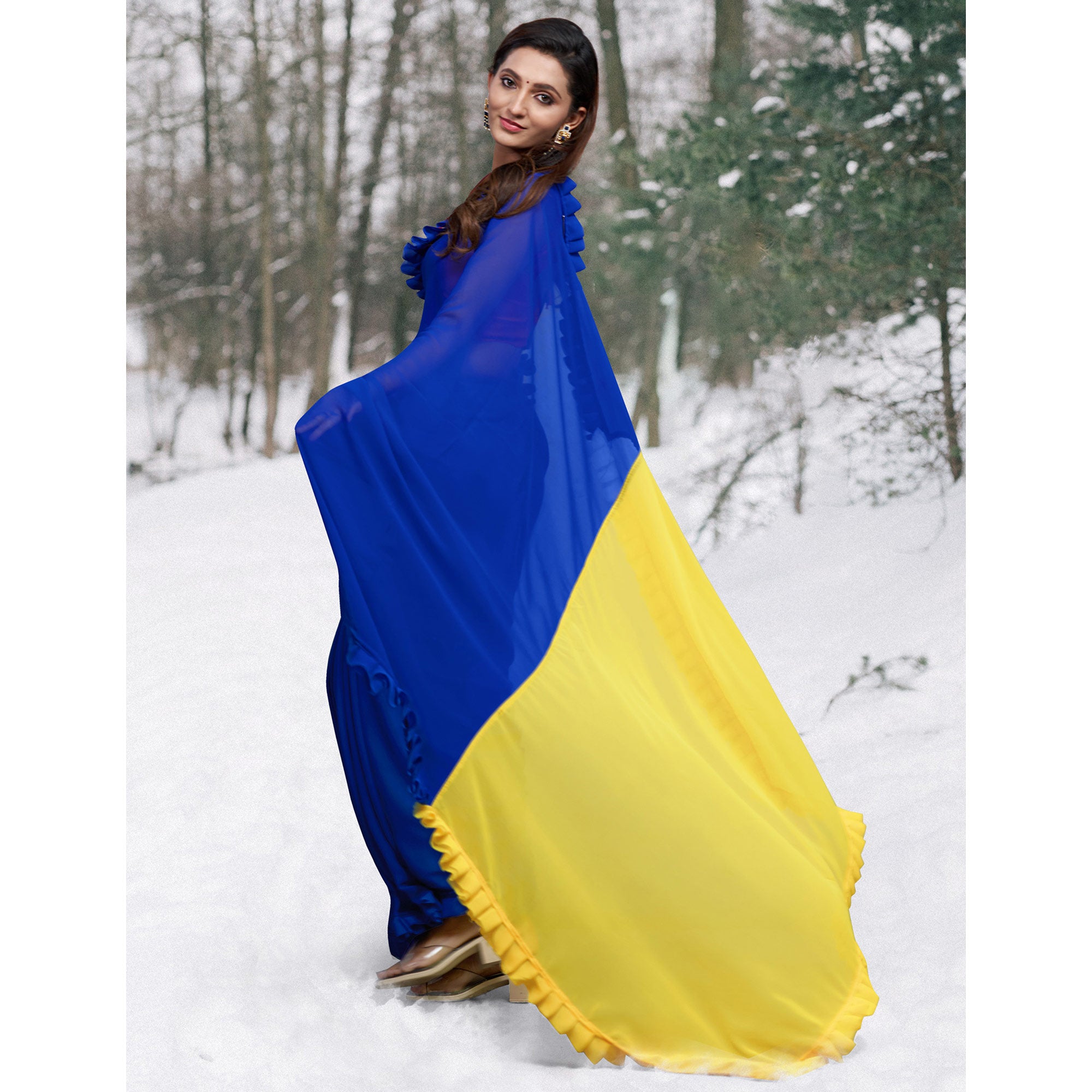 Blue & Yellow Printed Georgette Frill Saree