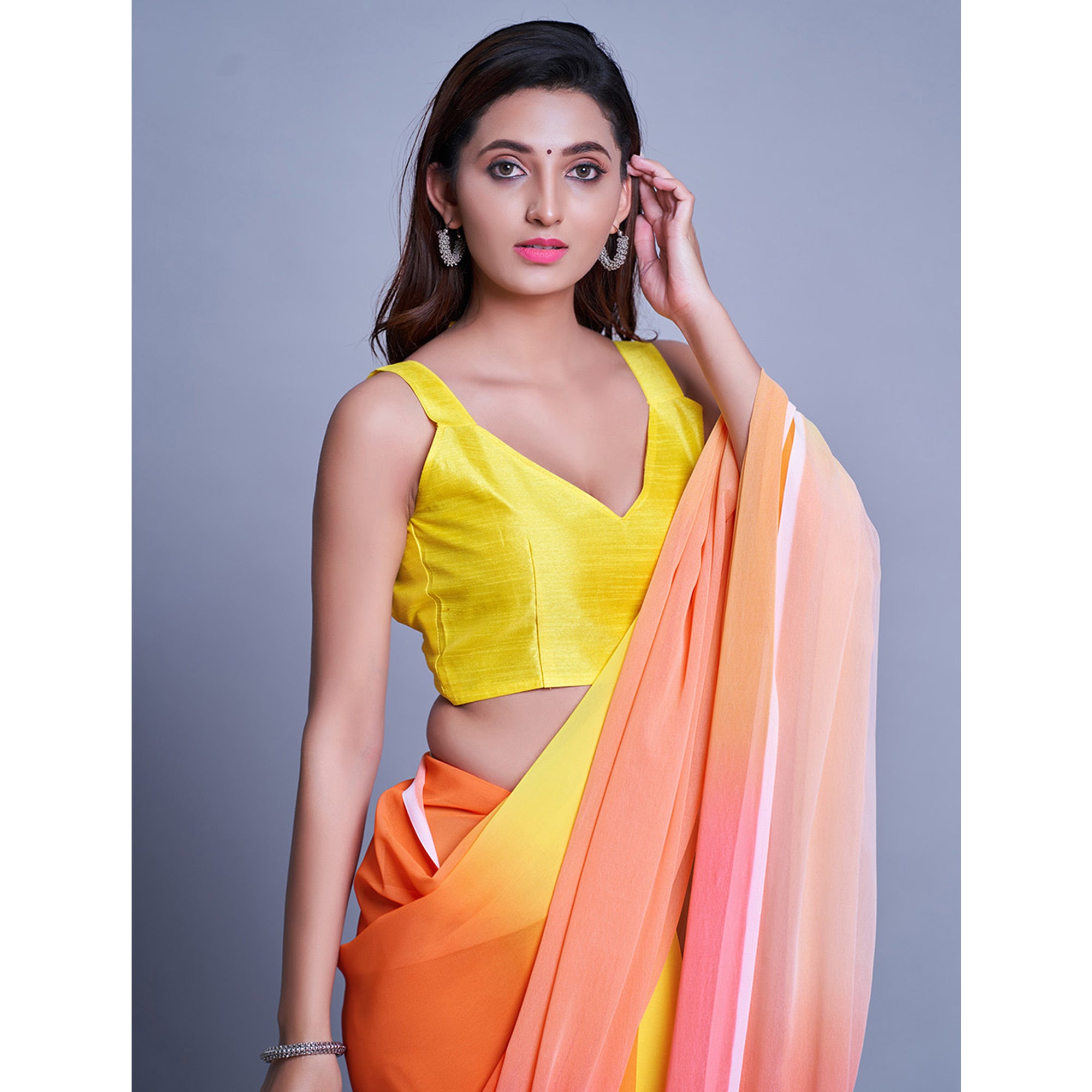 Orange & Yellow Printed Organza Saree