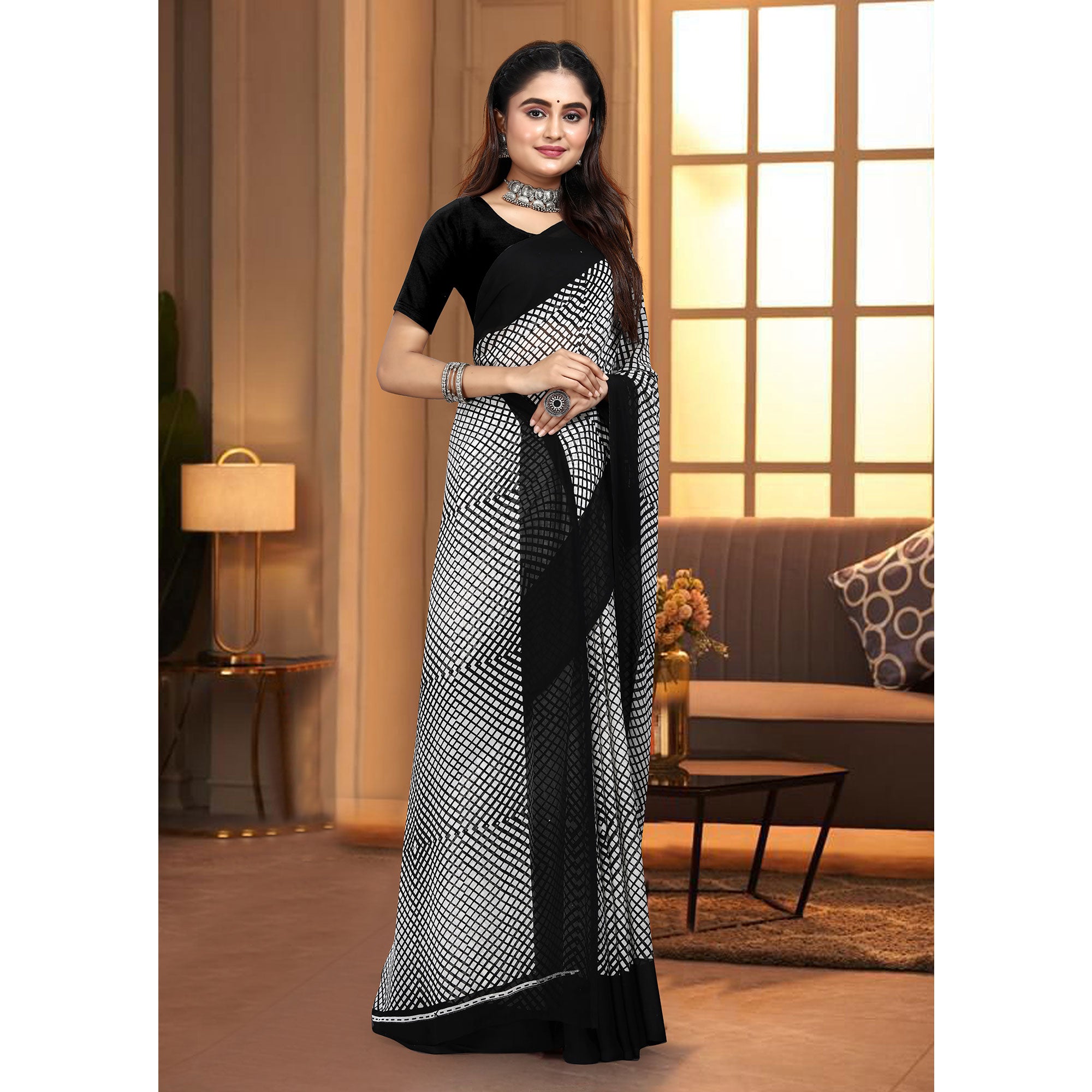 Black & White Printed Georgette Saree