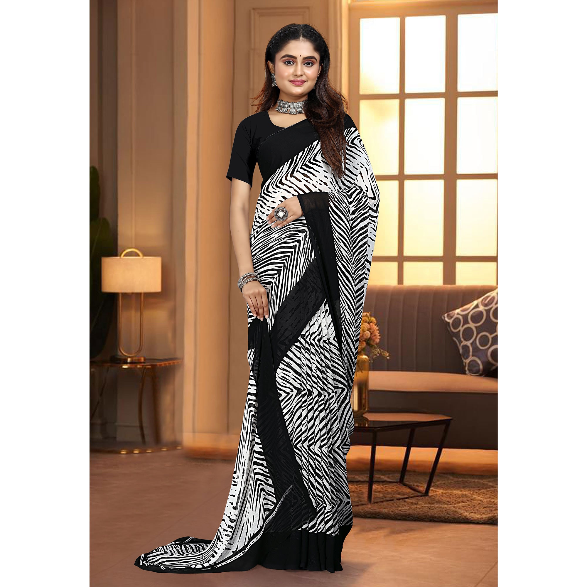 Black & White Striped Printed Georgette Saree