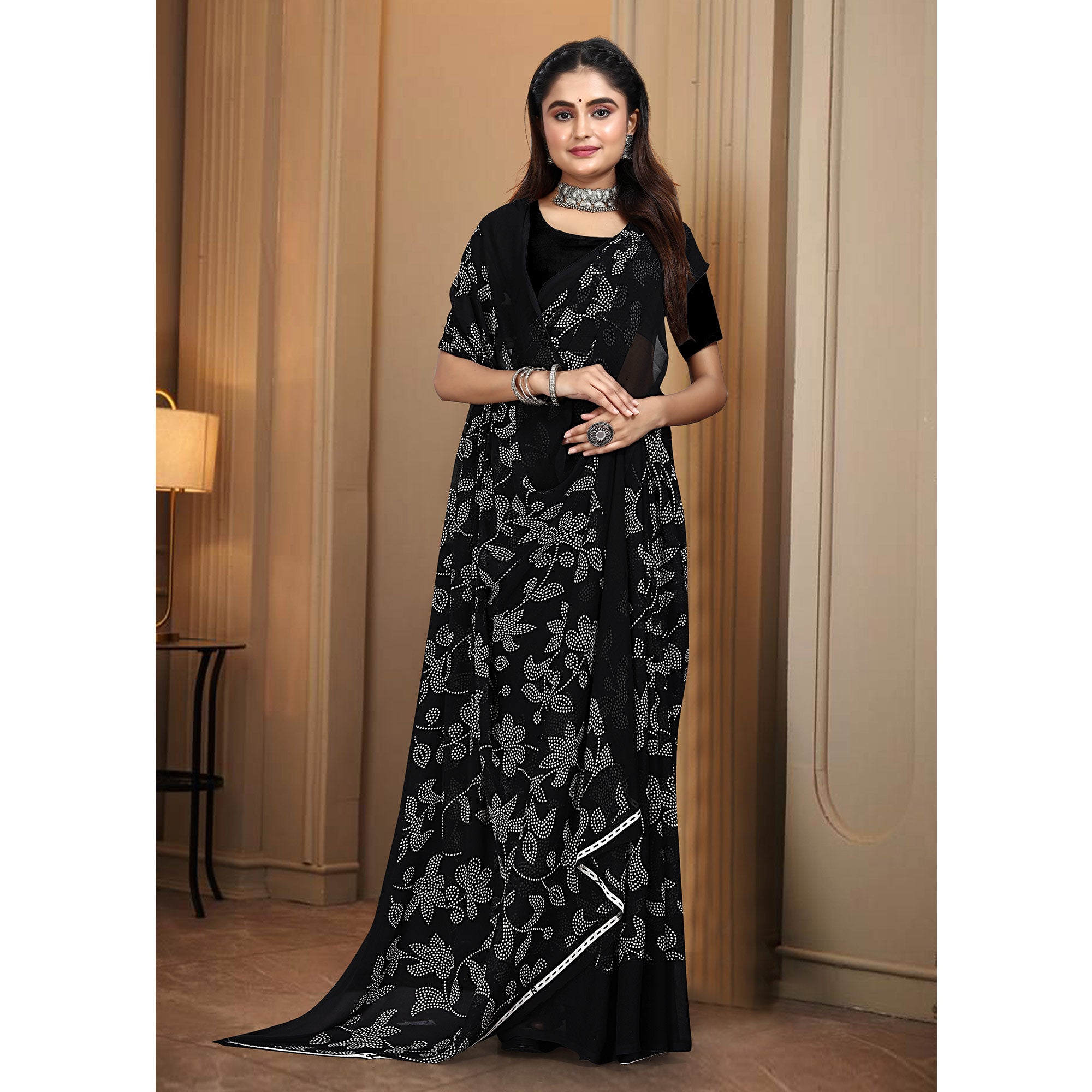 Black & White Floral Printed Georgette Saree