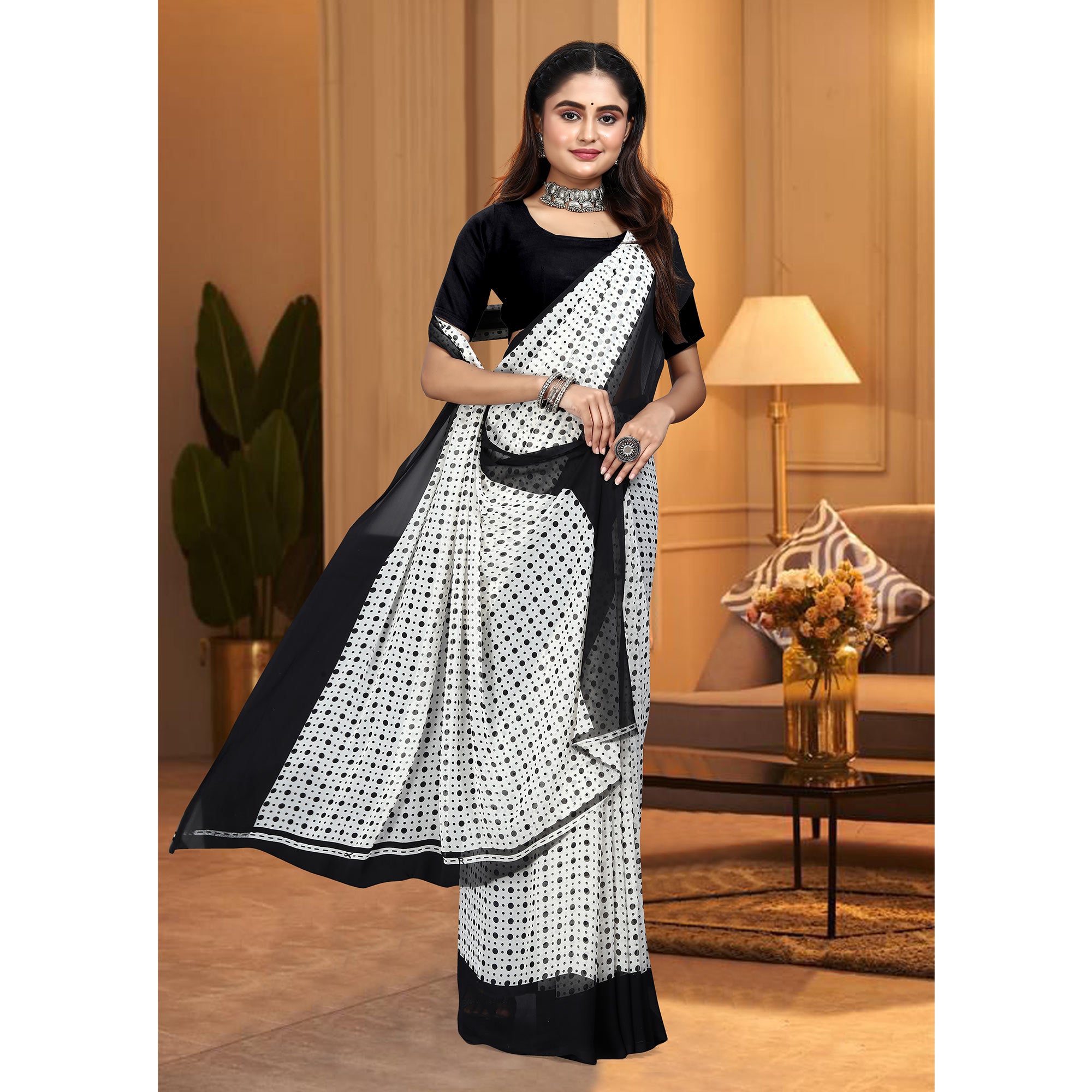 White & Black Polka Dot Printed Georgette Saree