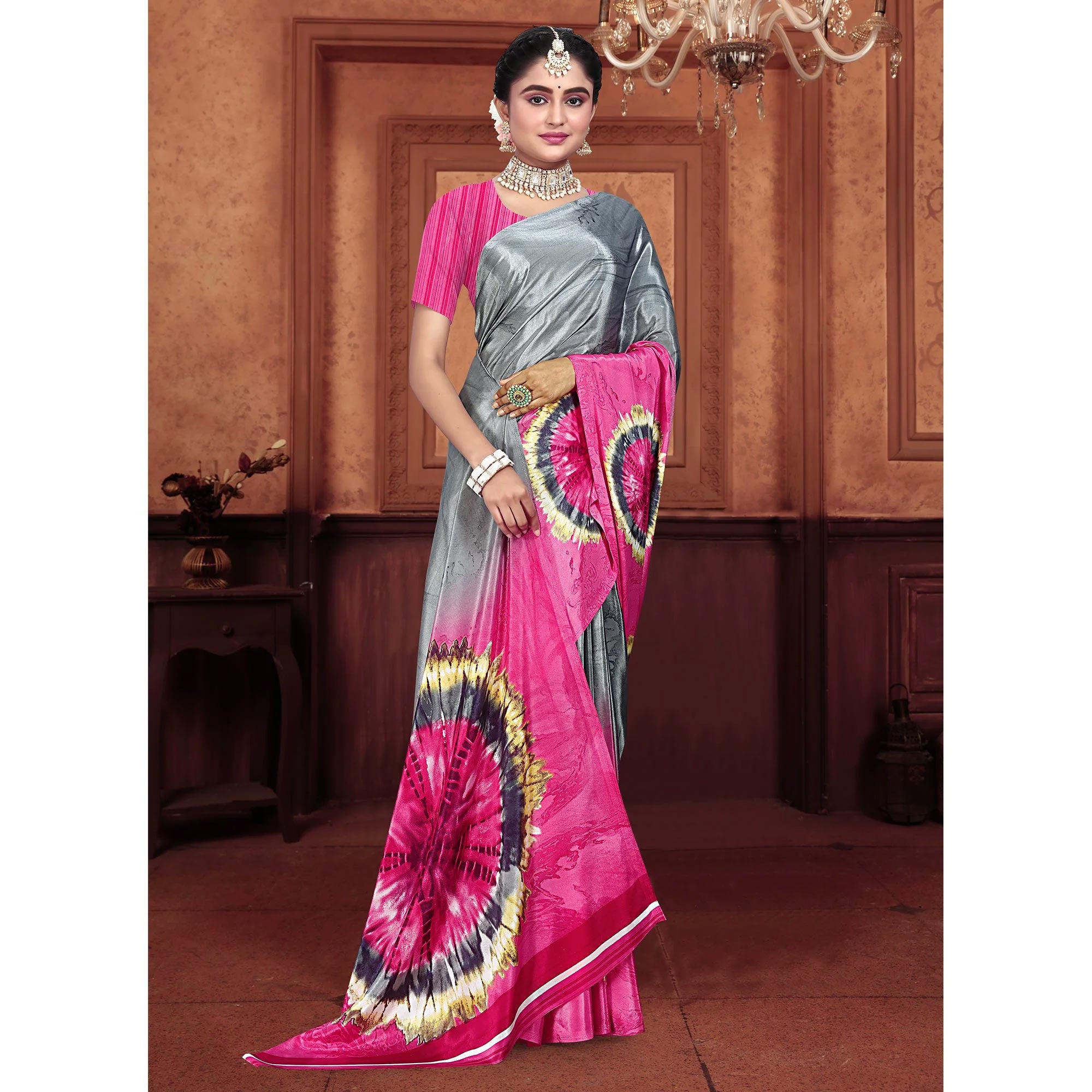 Grey & Pink Printed Crepe Silk Saree