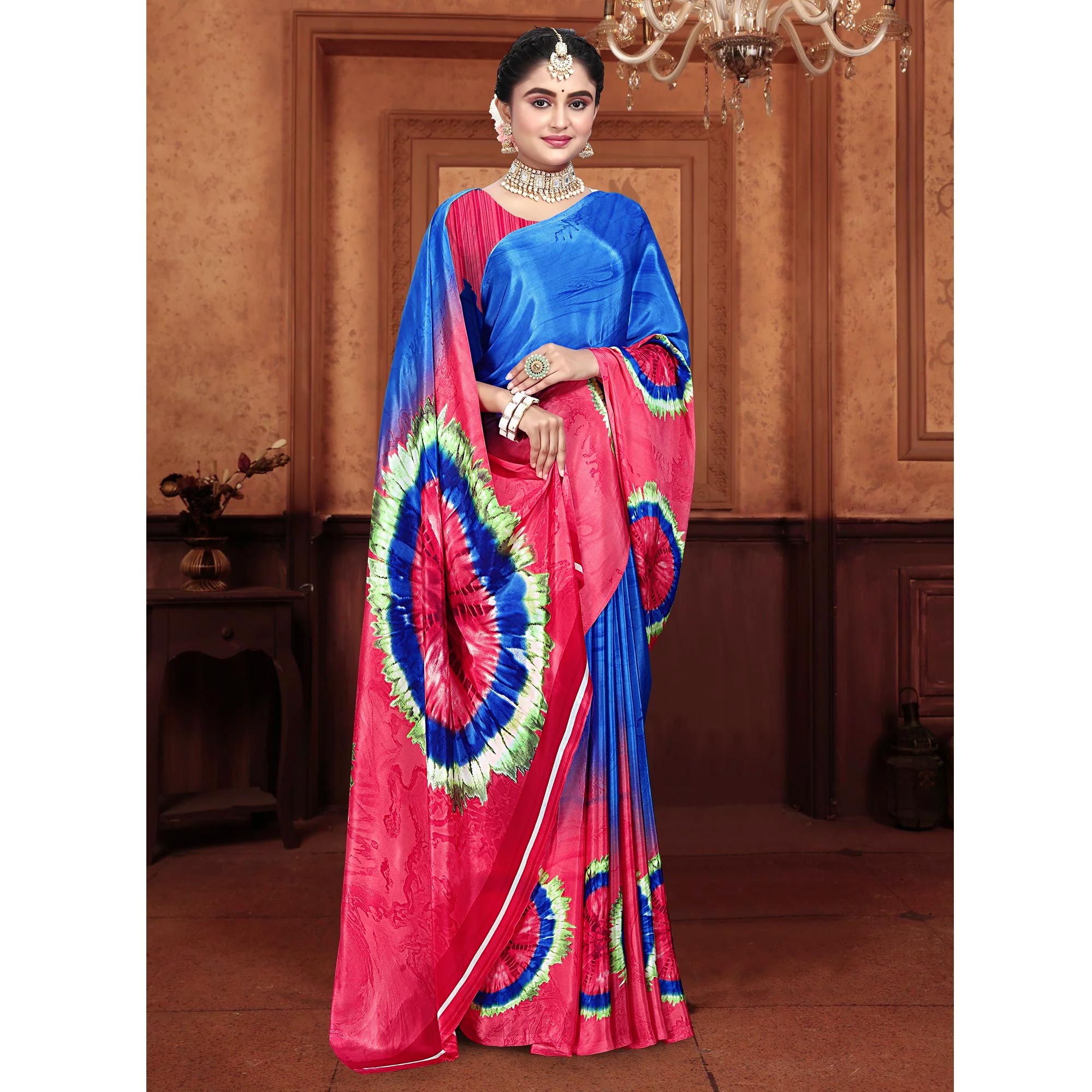 Blue & Pink Printed Crepe Silk Saree