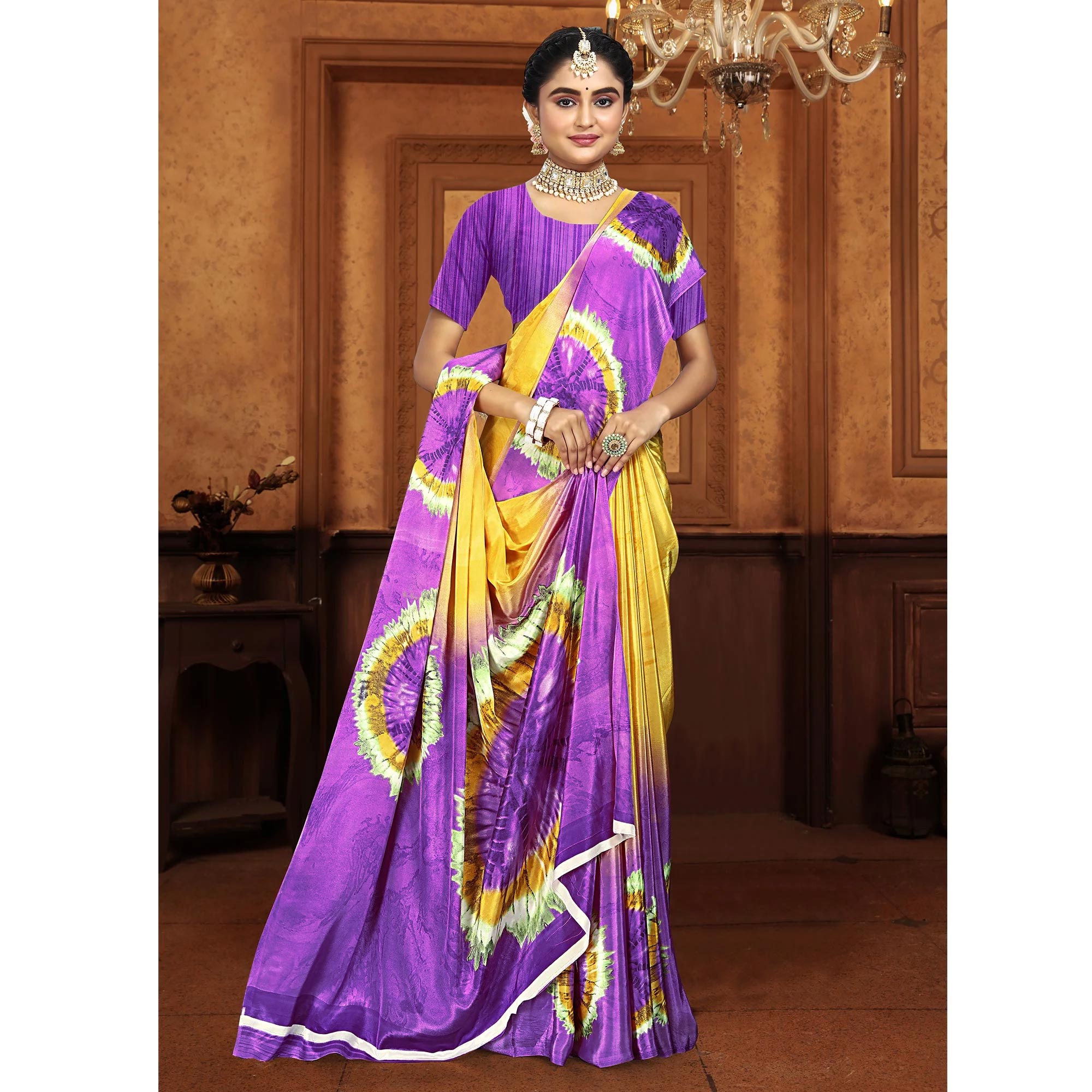 Purple & Yellow Printed Crepe Silk Saree