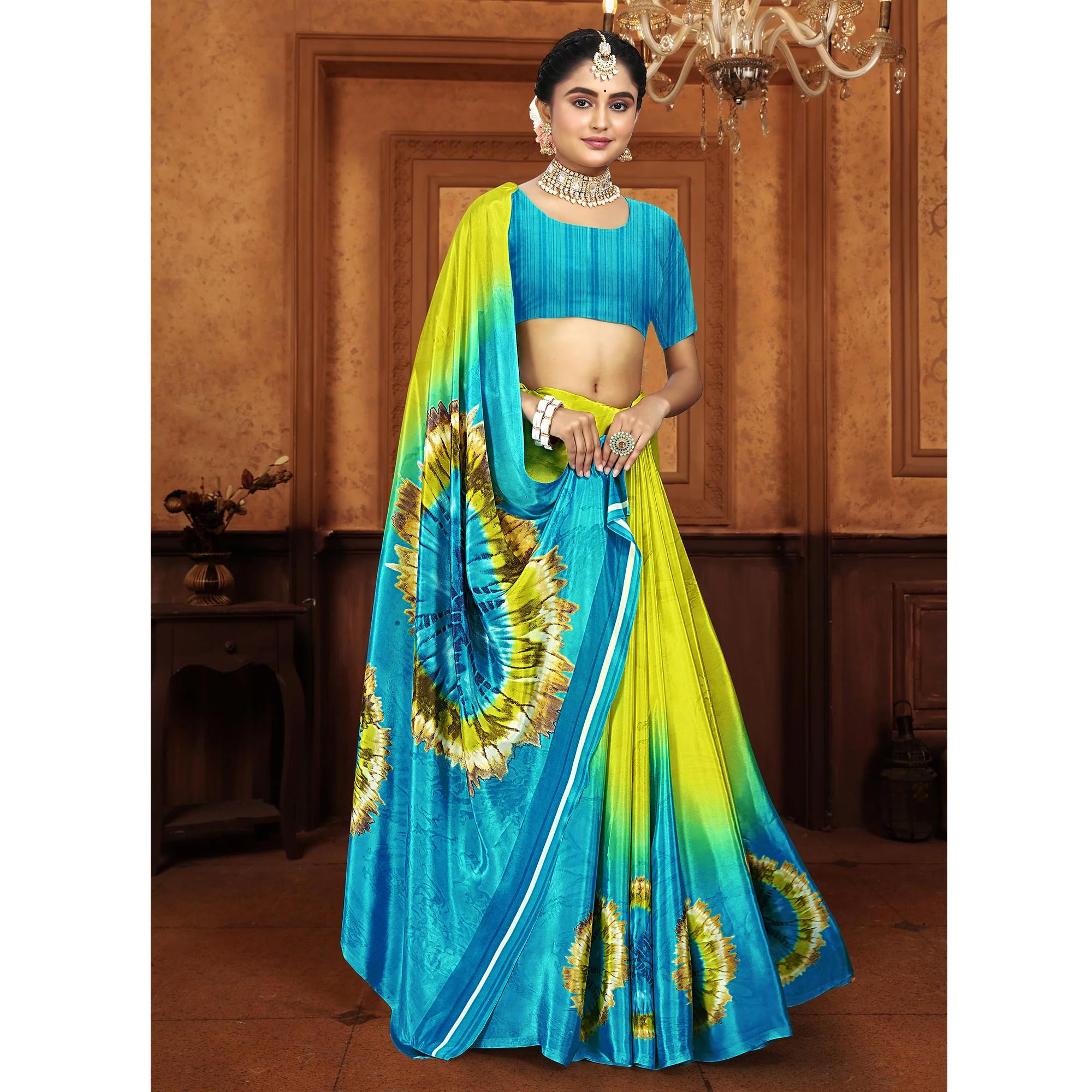 Green & Turquoise Printed Crepe Silk Saree