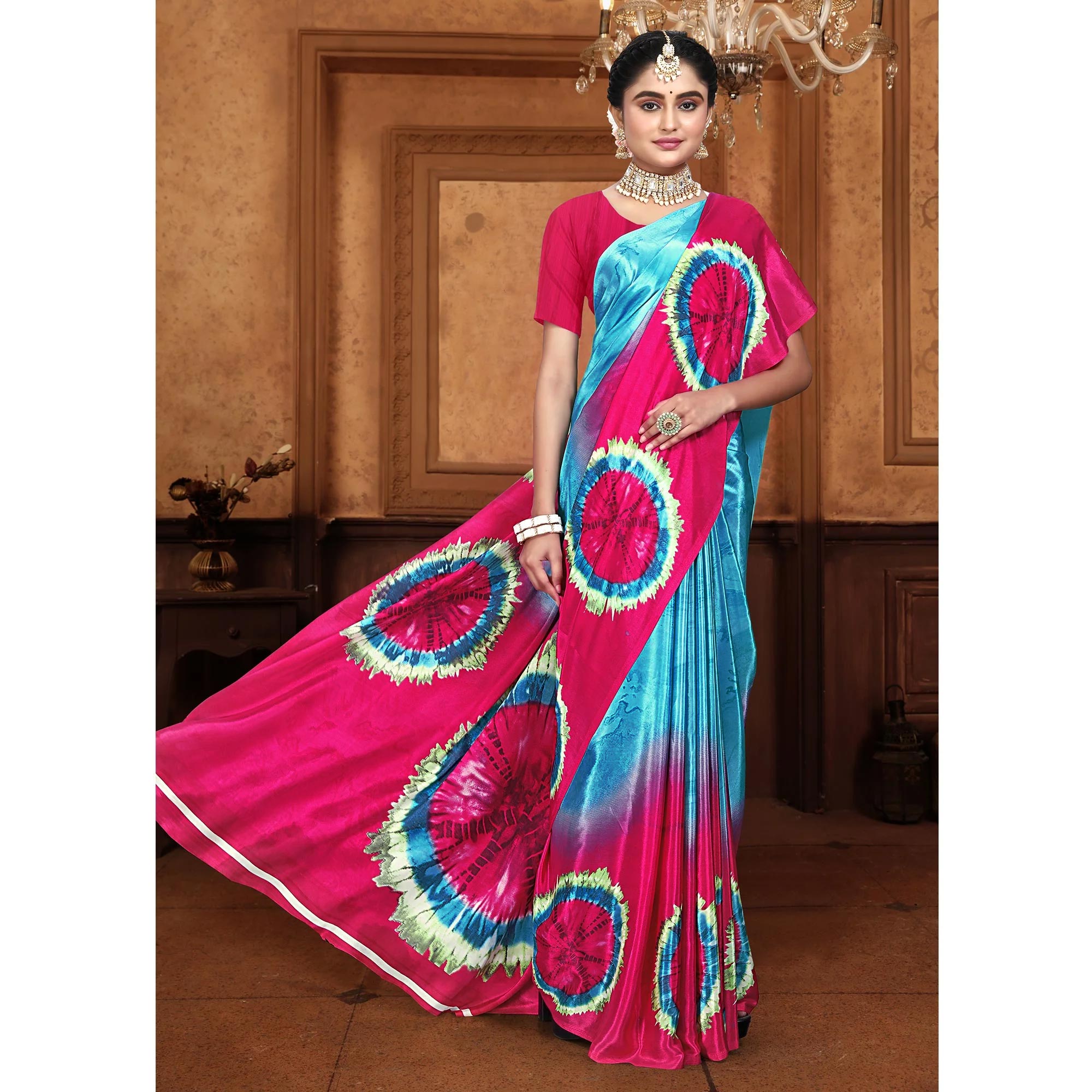 Blue & Pink Printed Crepe Silk Saree
