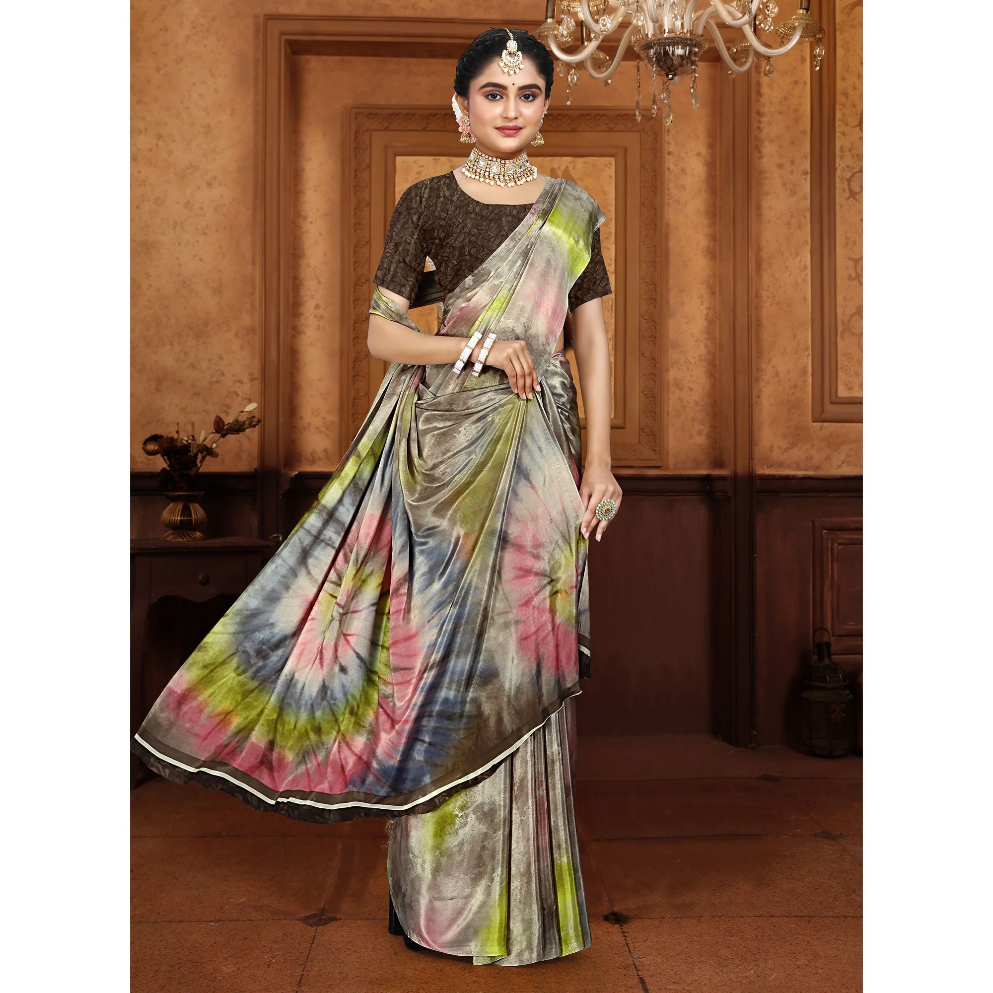 Grey Printed Crepe Silk Saree
