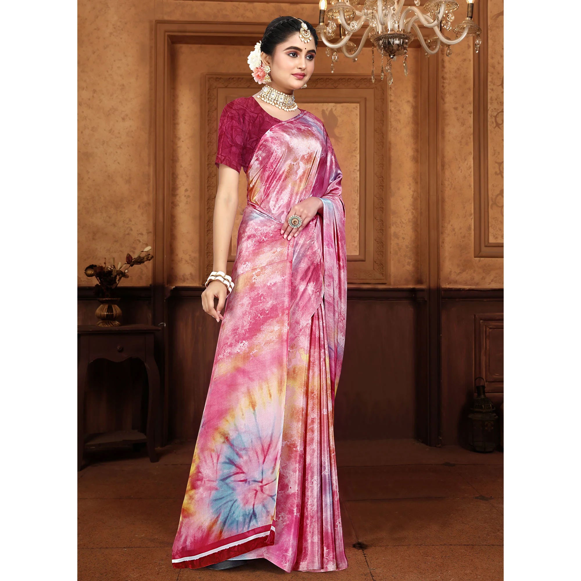 Pink Printed Crepe Silk Saree