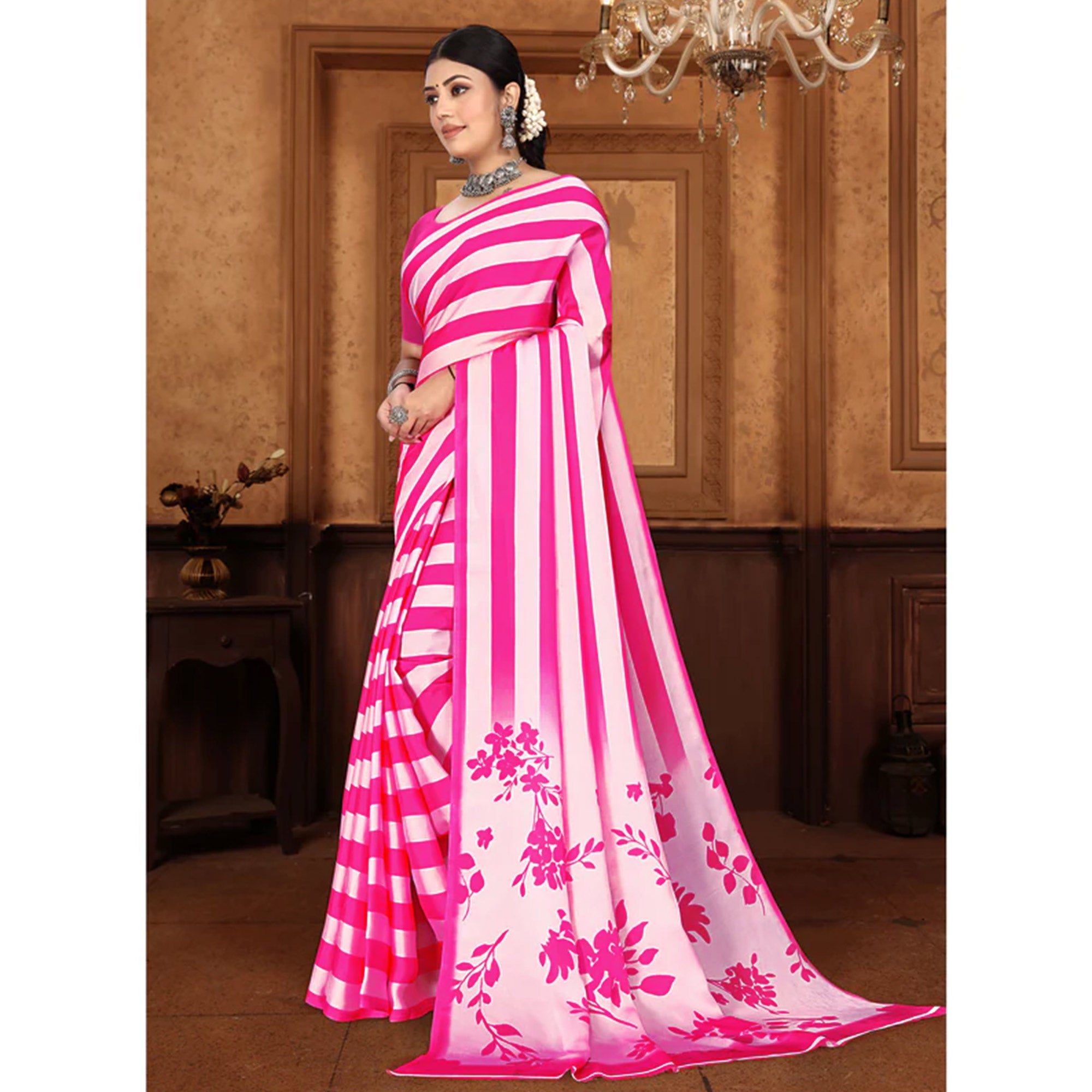 Pink Striped Digital Printed Georgette Saree