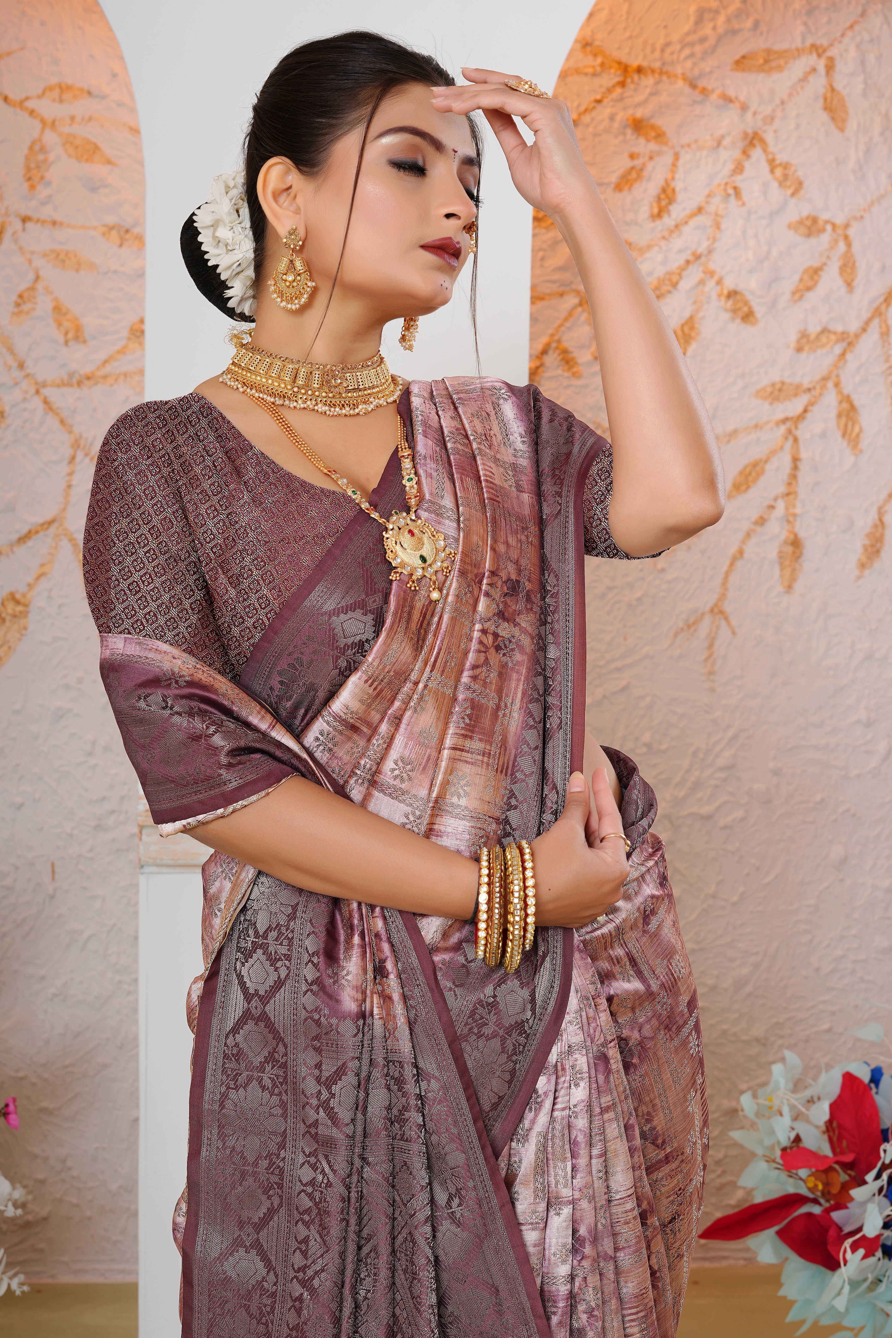 Premium Peach Woven & Digitally Printed Silk Saree with Stylish Tassel Pallu