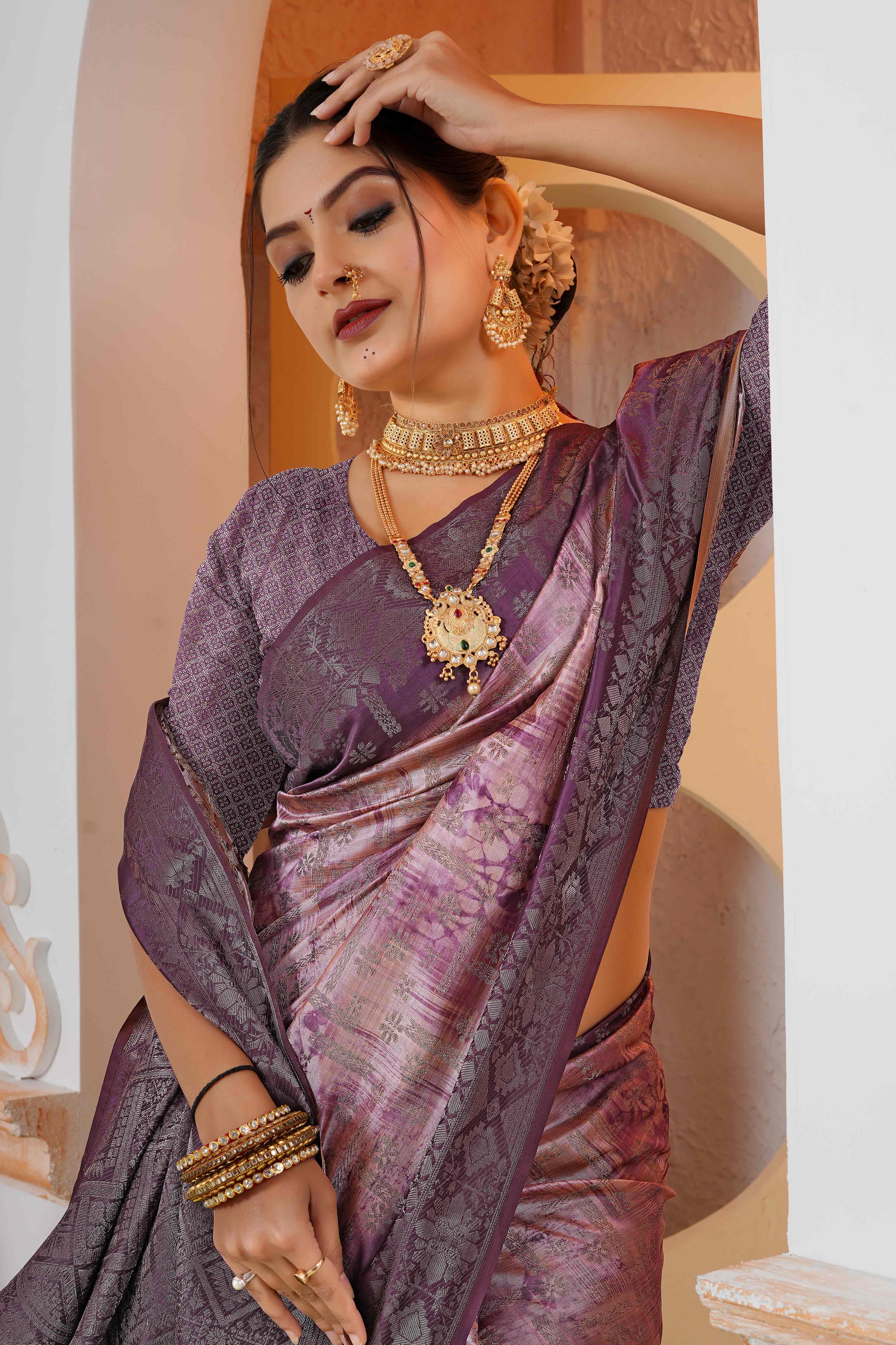 Premium Wine Woven & Digitally Printed Silk Saree with Stylish Tassel Pallu