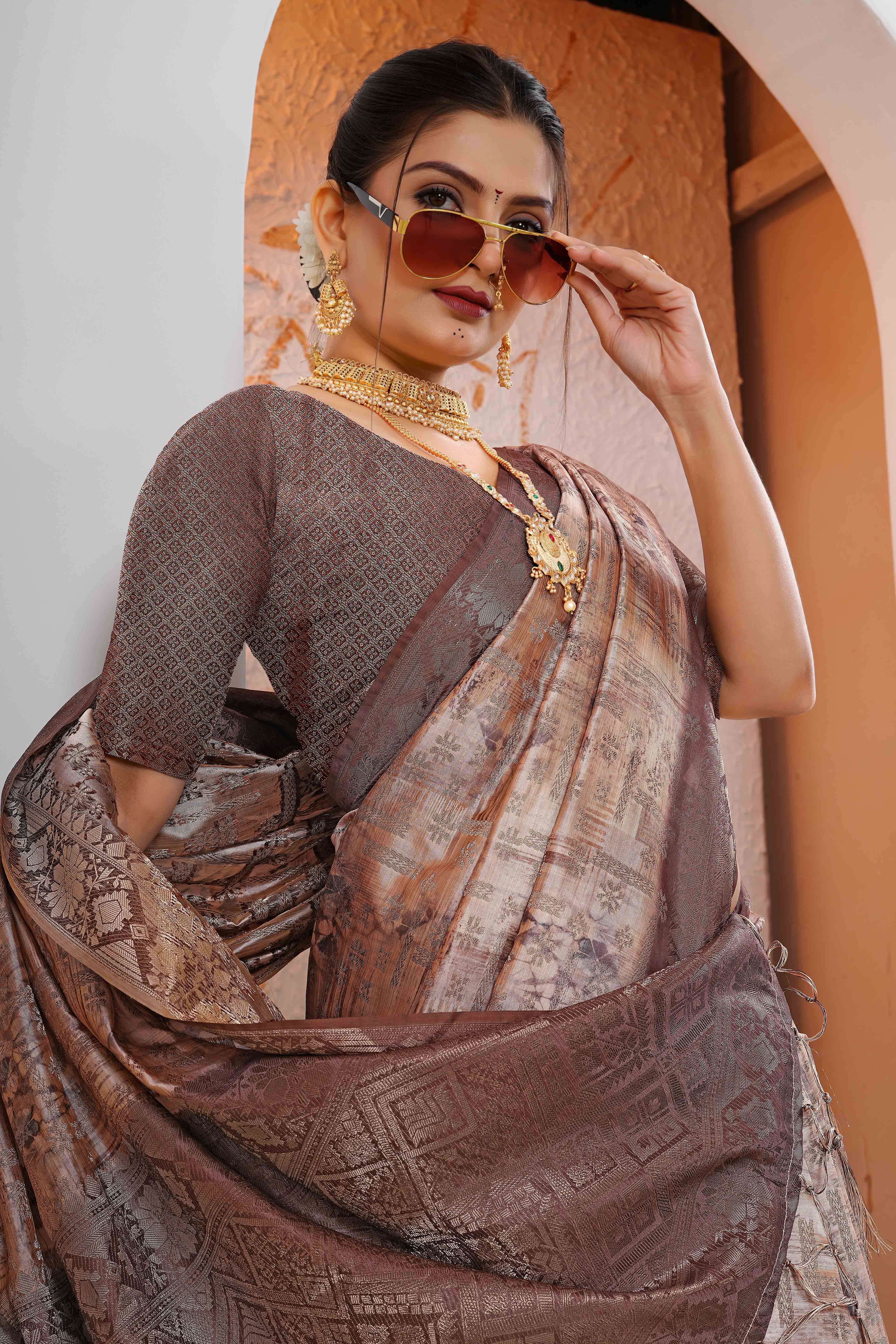 Premium Brown Woven & Digitally Printed Silk Saree with Stylish Tassel Pallu
