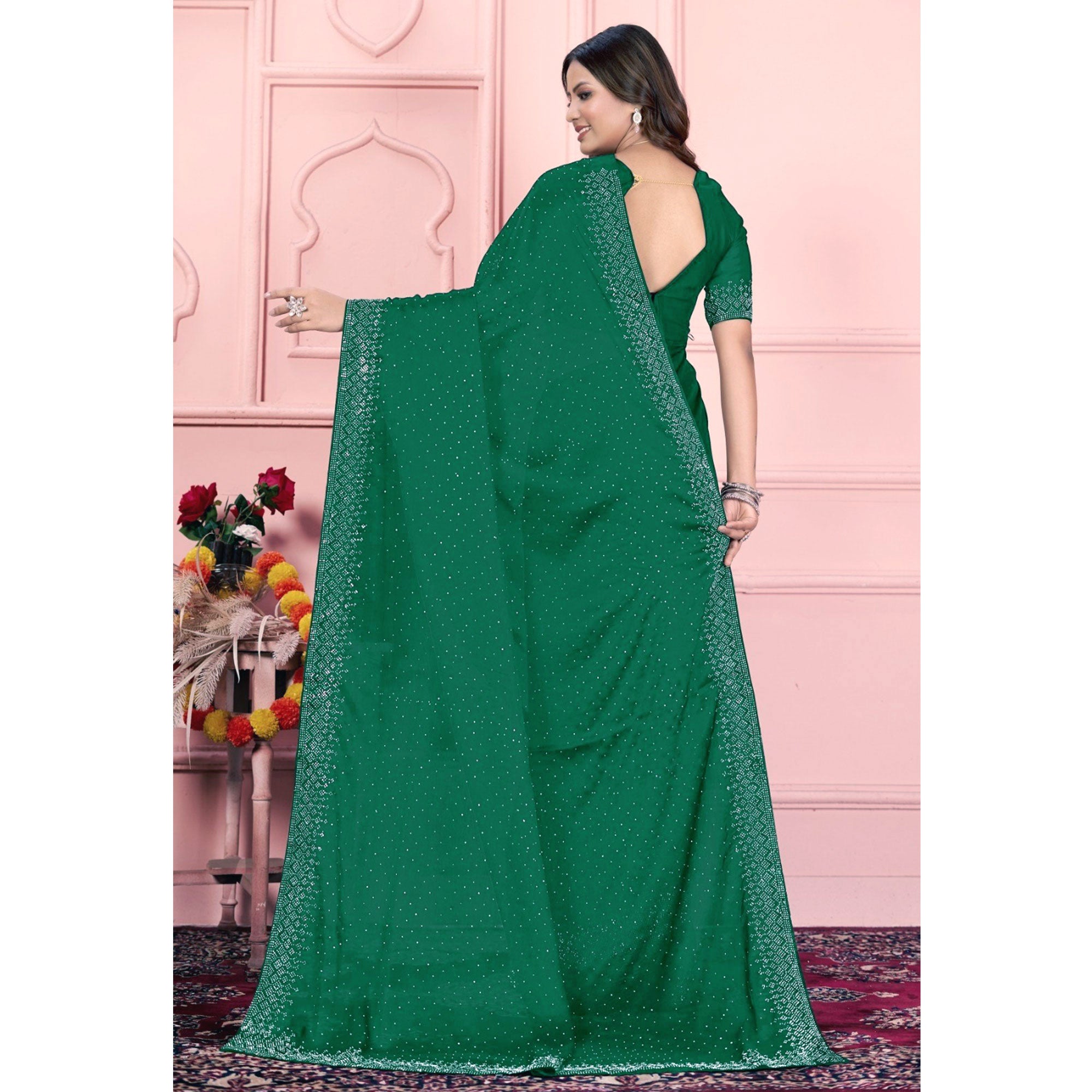 Green Swarovski Work Satin Saree