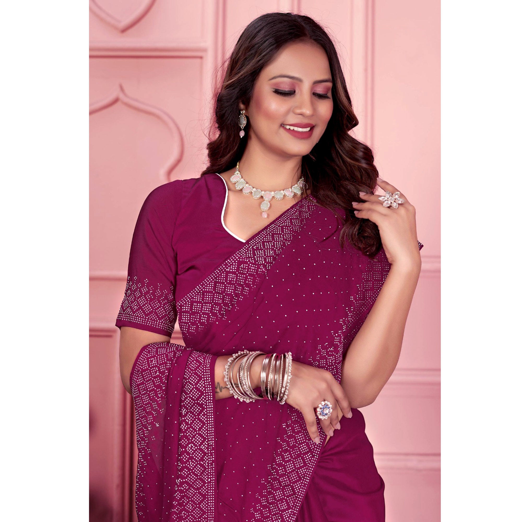 Rani Pink Swarovski Work Satin Saree
