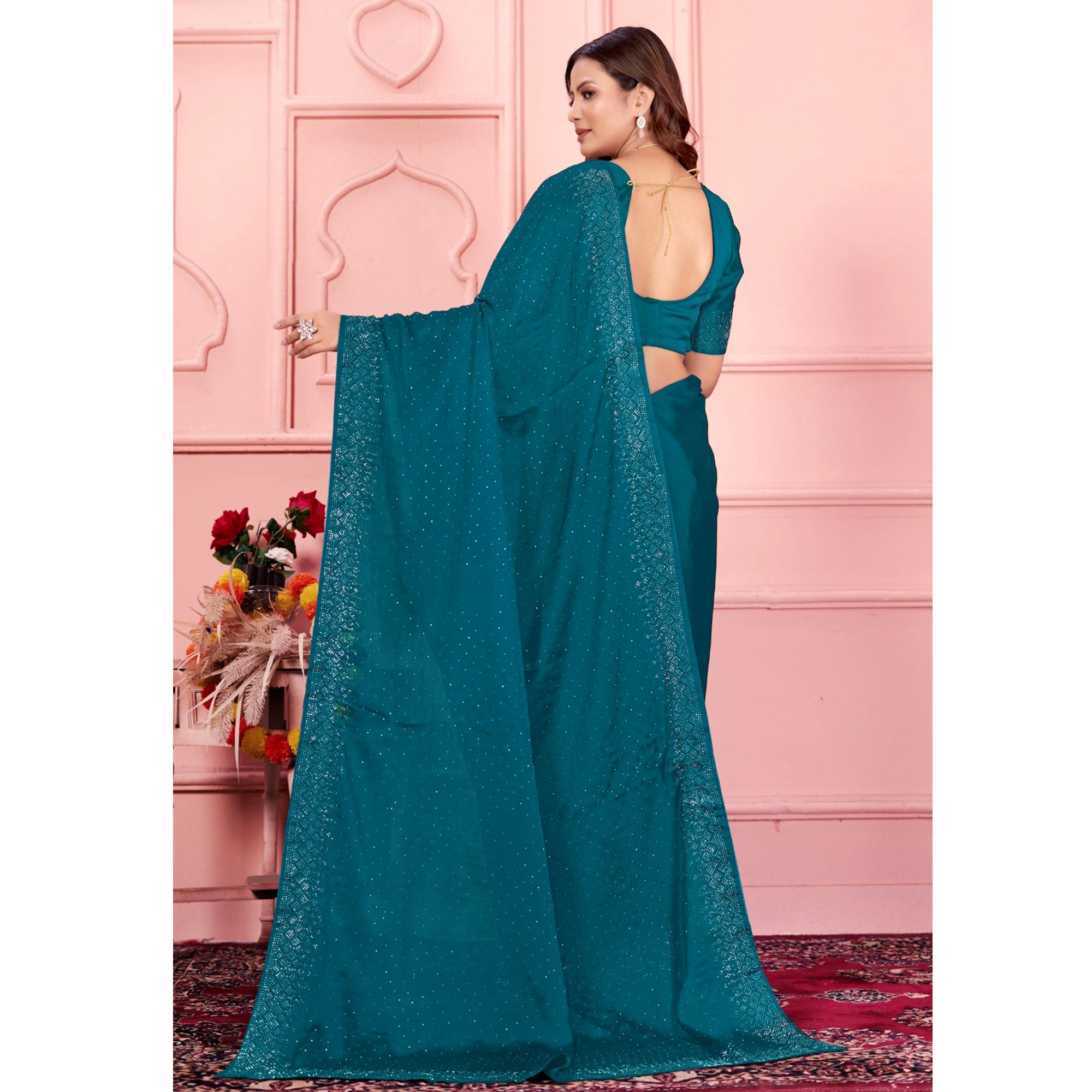 Teal Swarovski Work Satin Saree