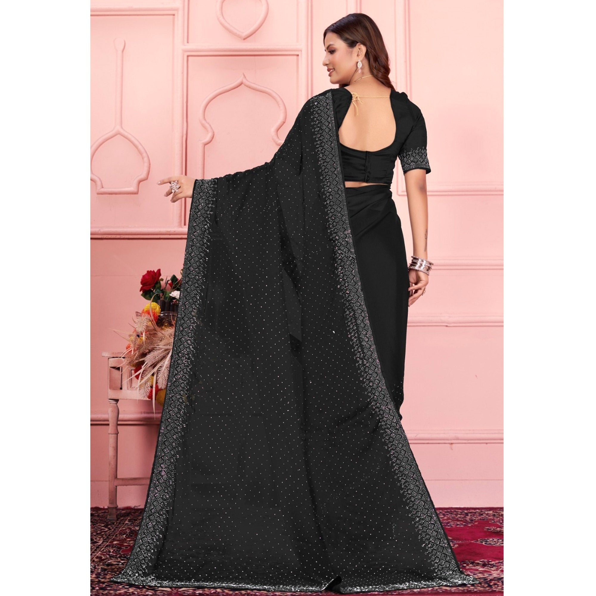 Black Swarovski Work Satin Saree