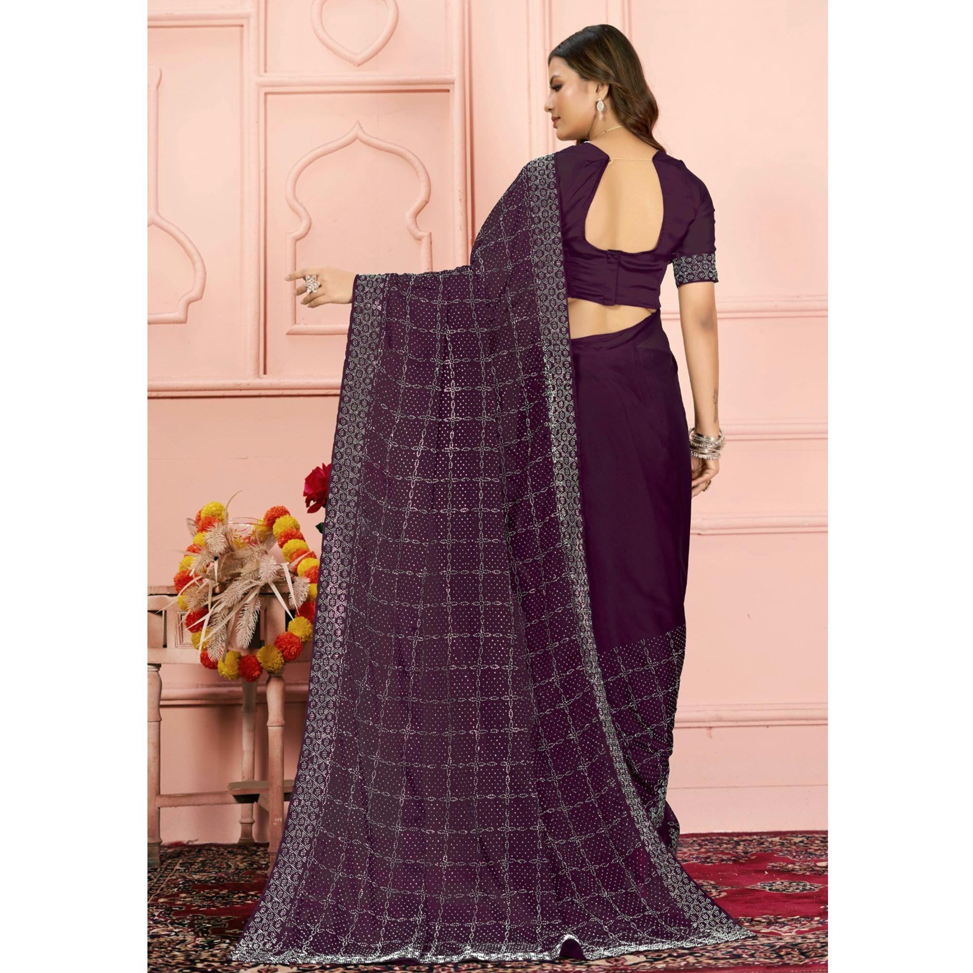 Wine Swarovski Work Satin Saree